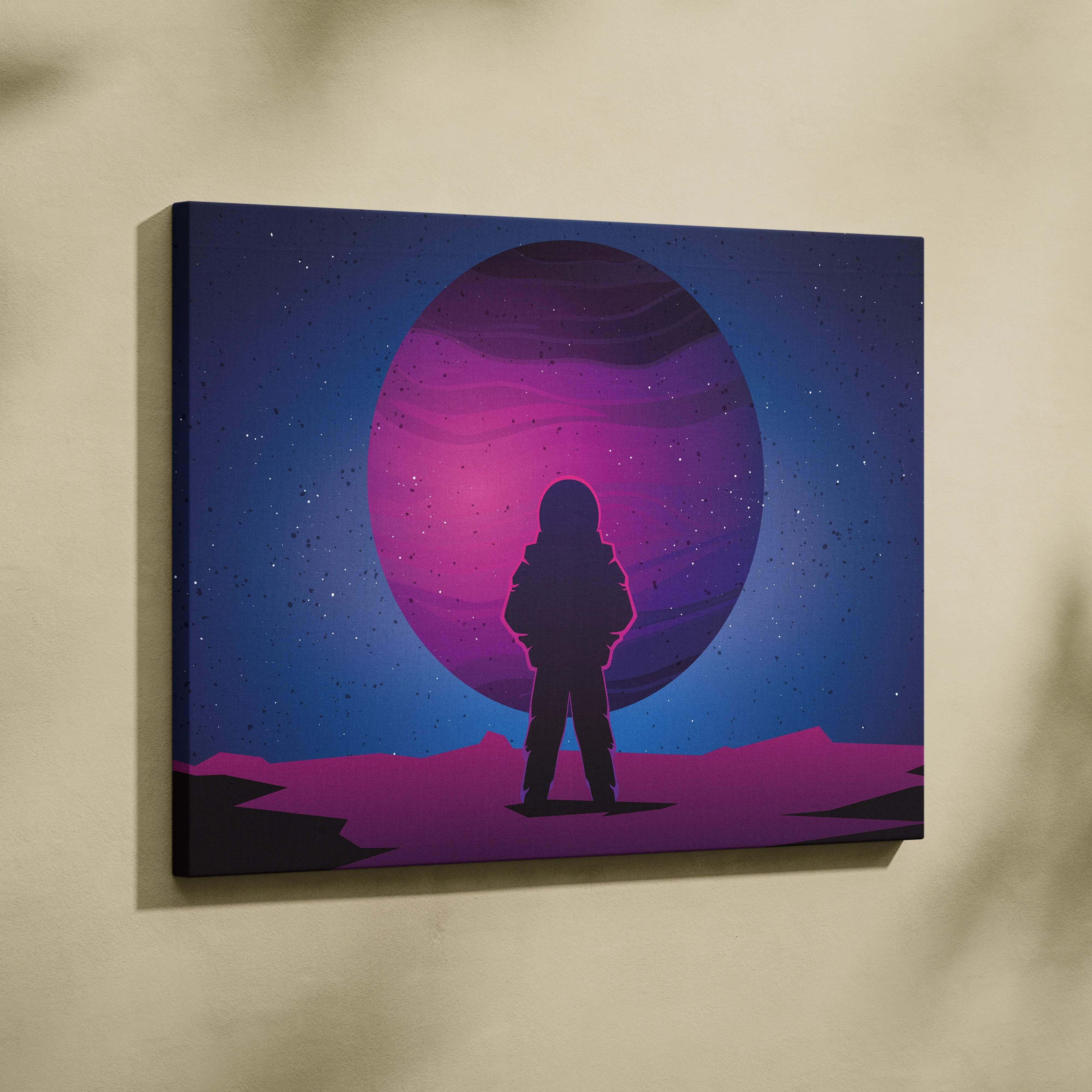 Minimalist astronaut silhouette on neon purple planet canvas wall art