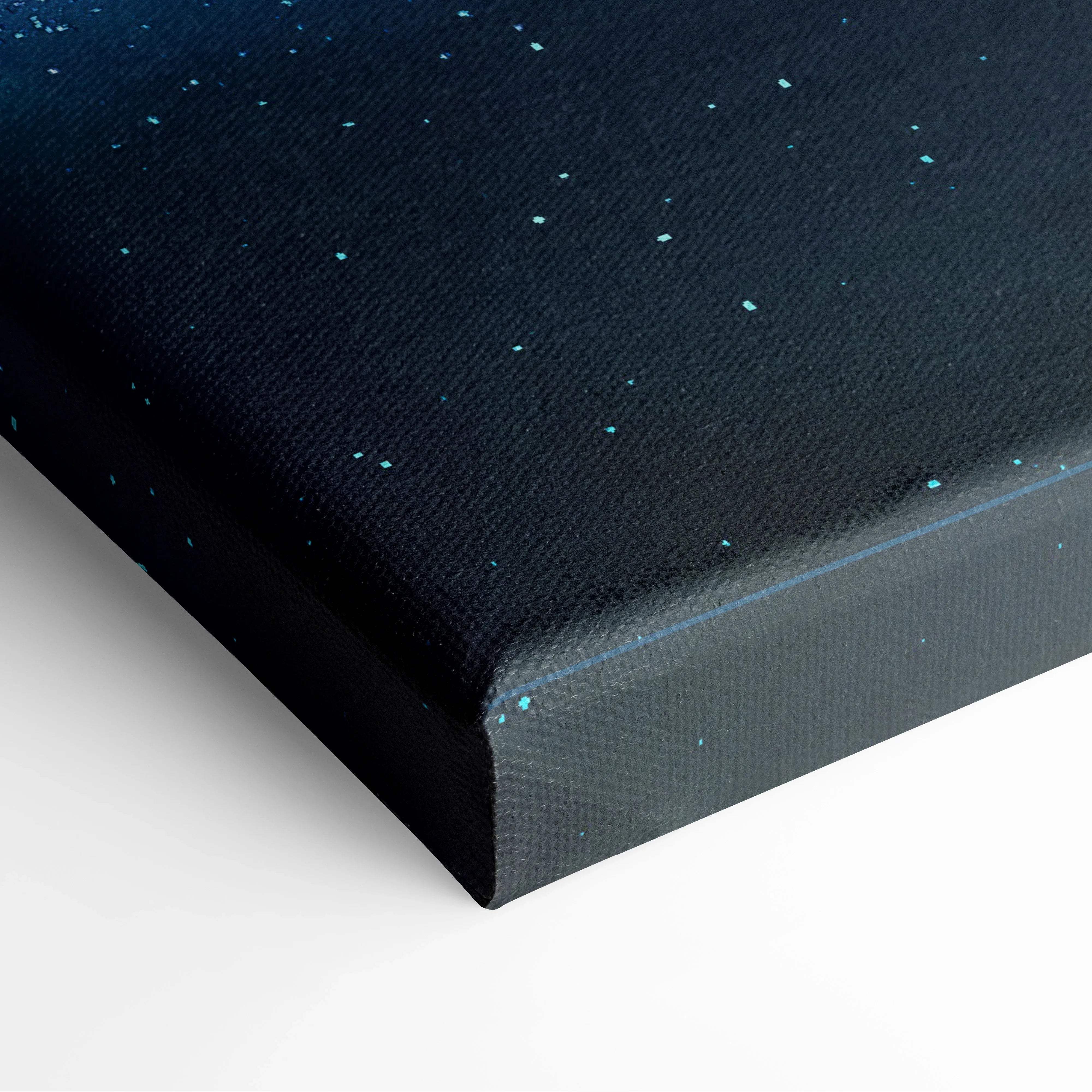 Black canvas print back with speckled texture, teal dots, neon ringed planet art