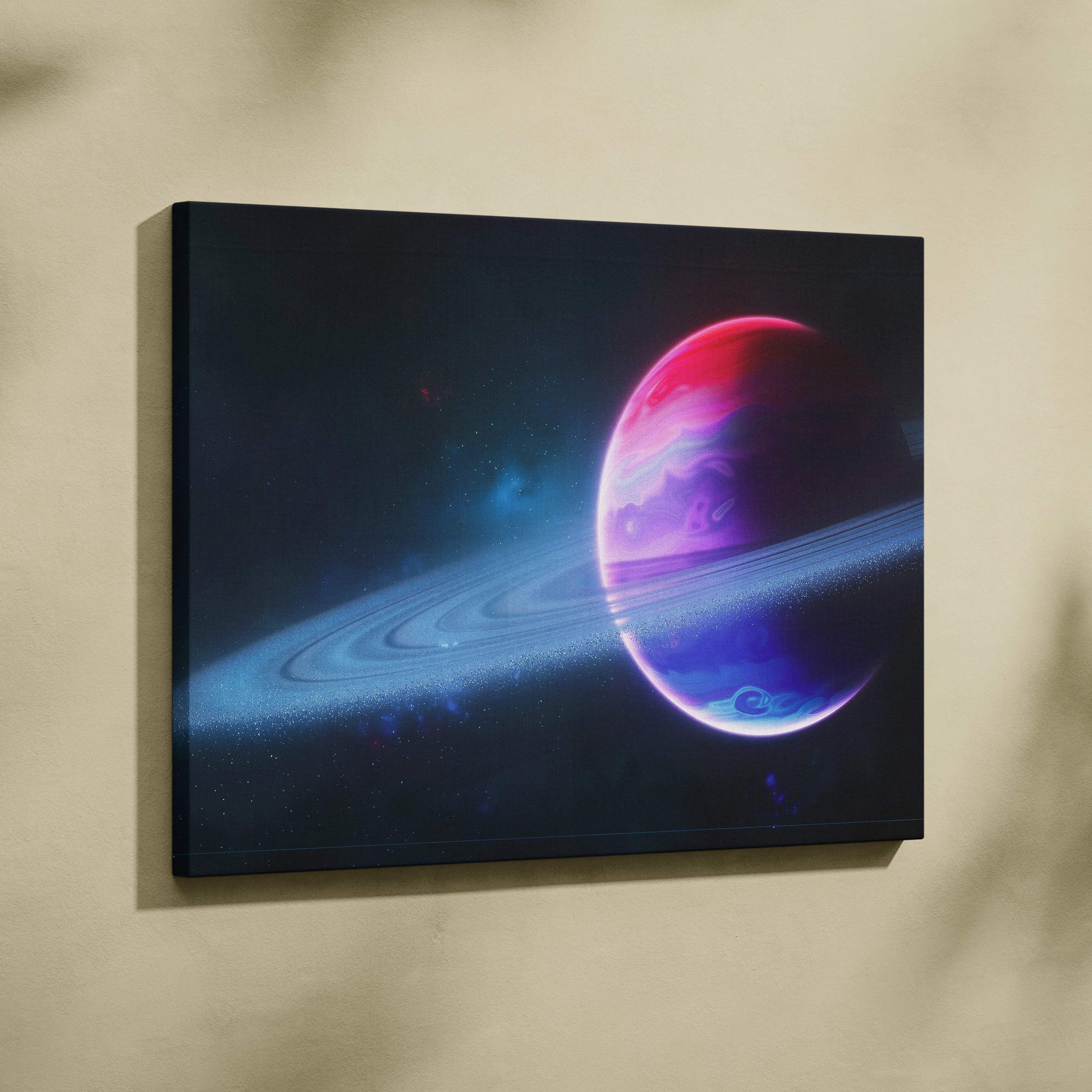 Vibrant neon ringed planet in pink purple blue hues on canvas wall art