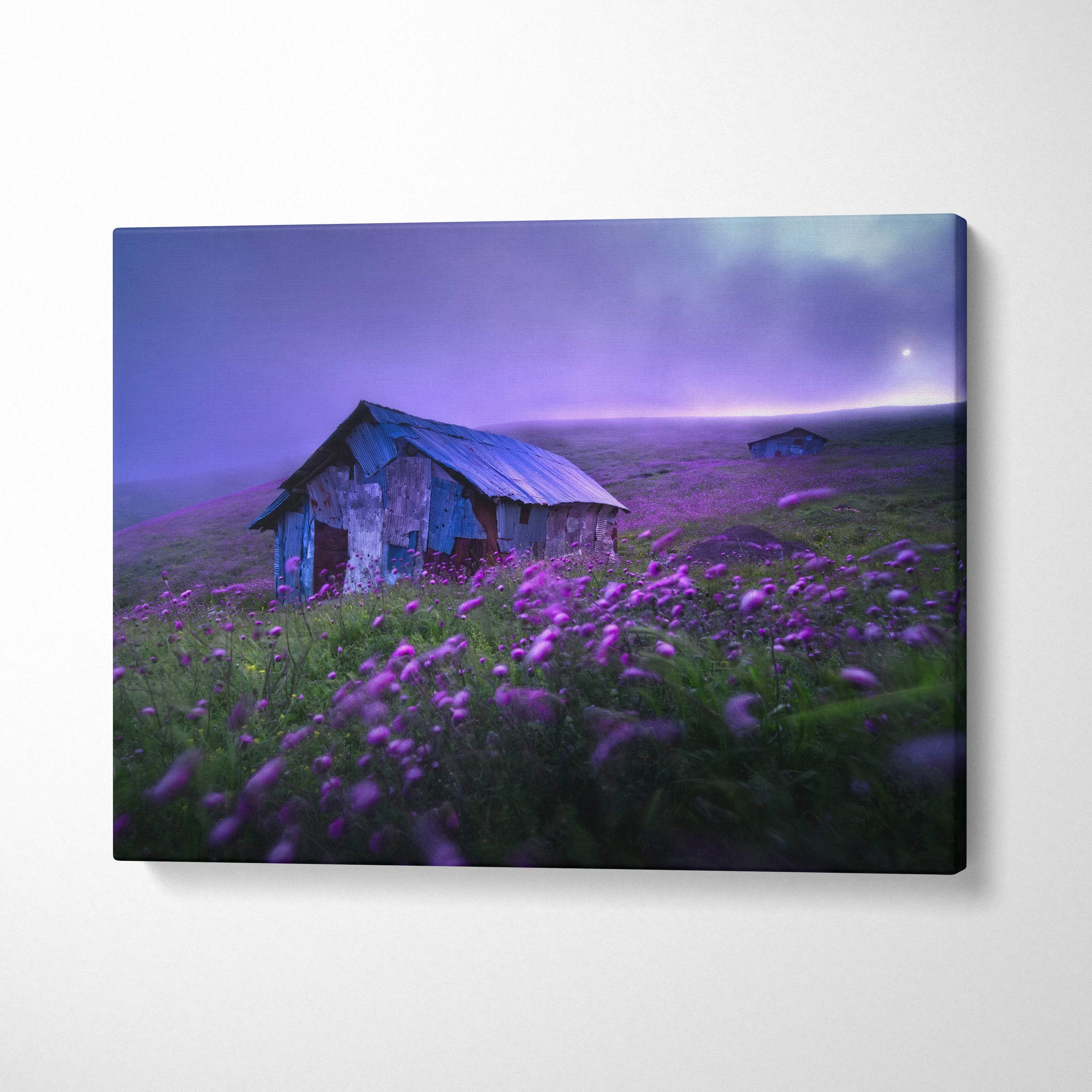 Purple blue canvas print of rustic cabin in misty meadow with wildflowers twilight sky