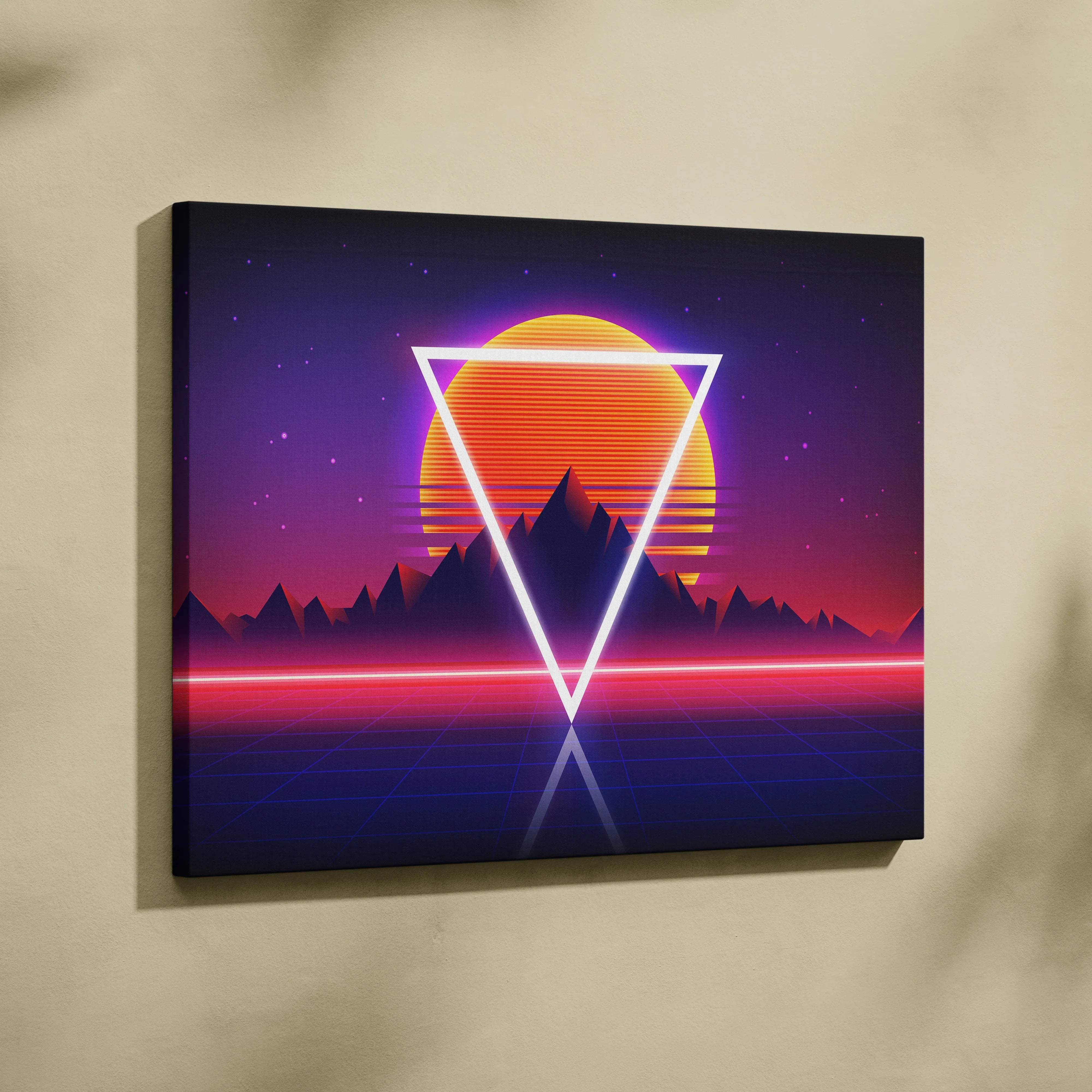 Retro synthwave sunset canvas with neon triangle over mountains