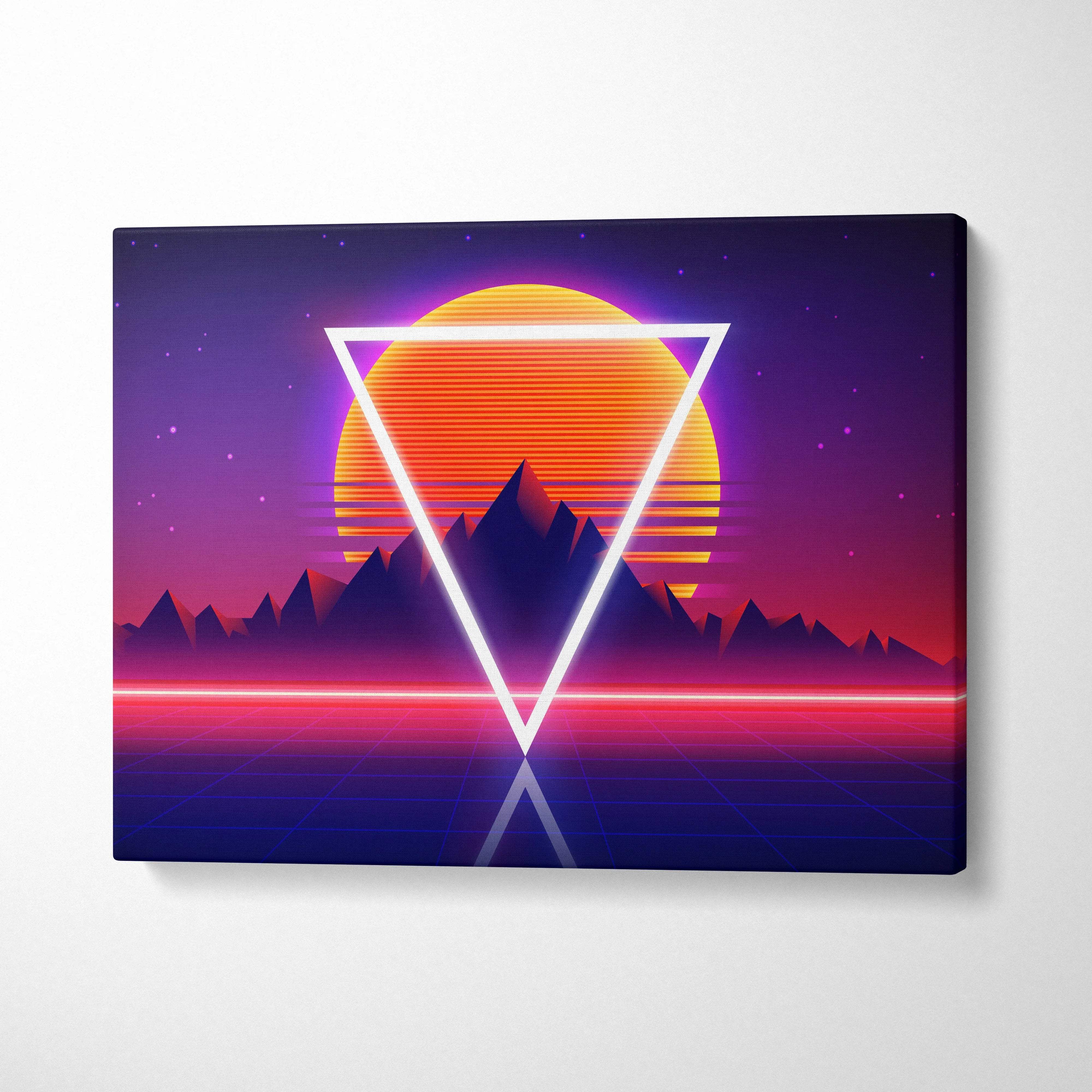 Retro synthwave sunset neon triangle mountain canvas wall art