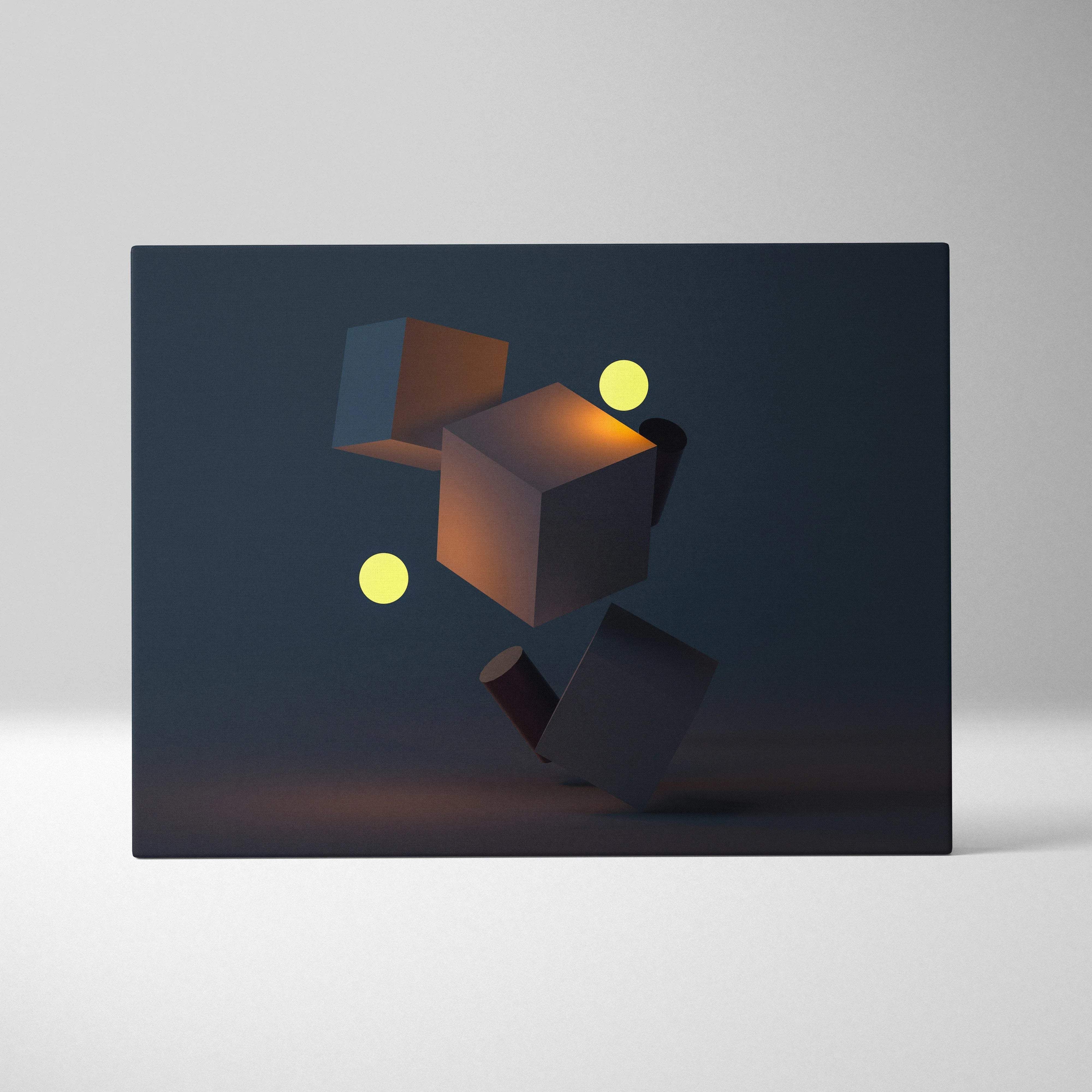 Moody minimal geometry canvas wall art with navy charcoal, amber accents, glowing spheres