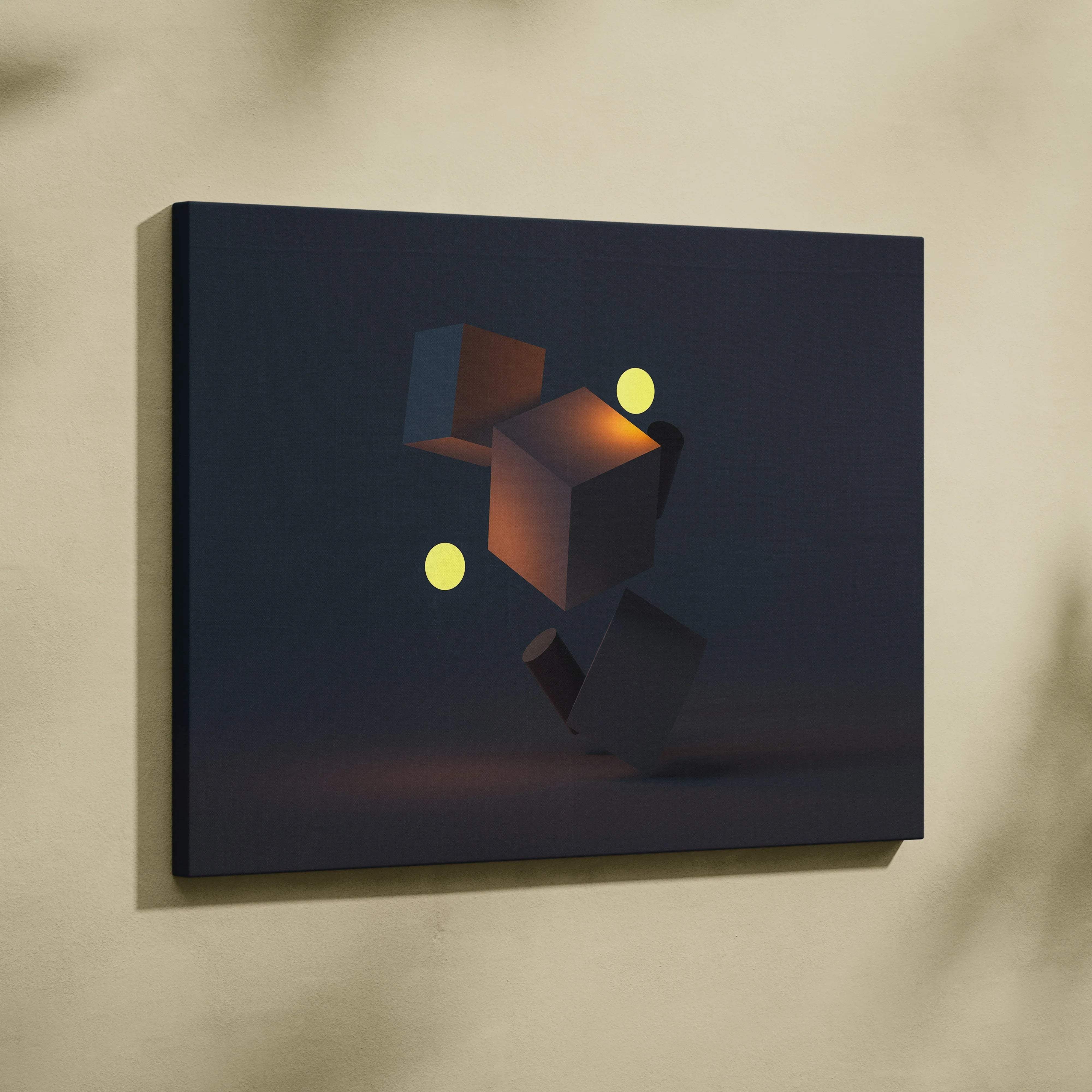 Moody minimal geometry canvas art with navy charcoal cubes, amber accents, glowing yellow orbs