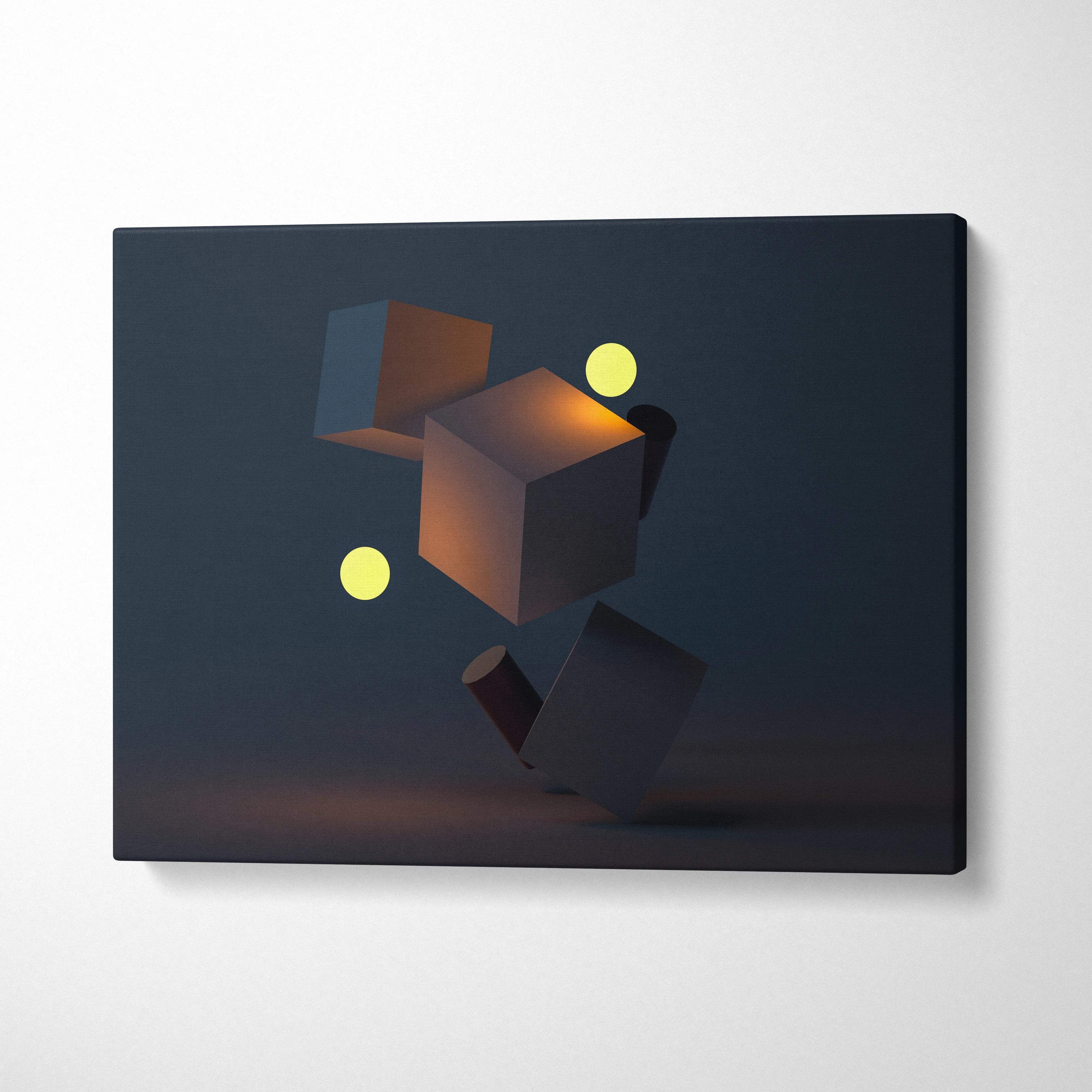 Moody minimal geometry floating 3D cubes and spheres canvas art in navy charcoal with amber accents