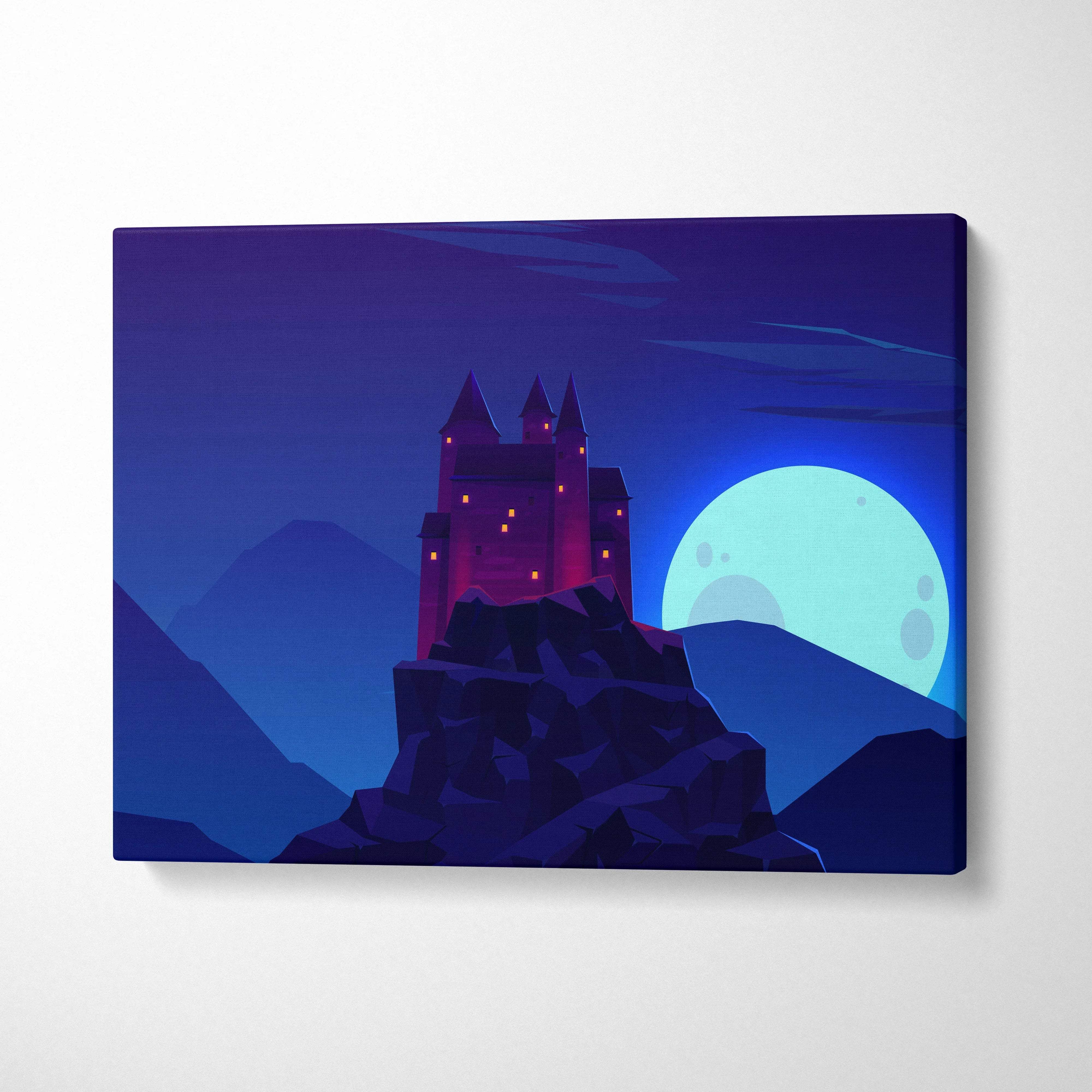 Moonlit gothic castle on rugged cliff canvas art in deep blue purple tones with cyan moonlight