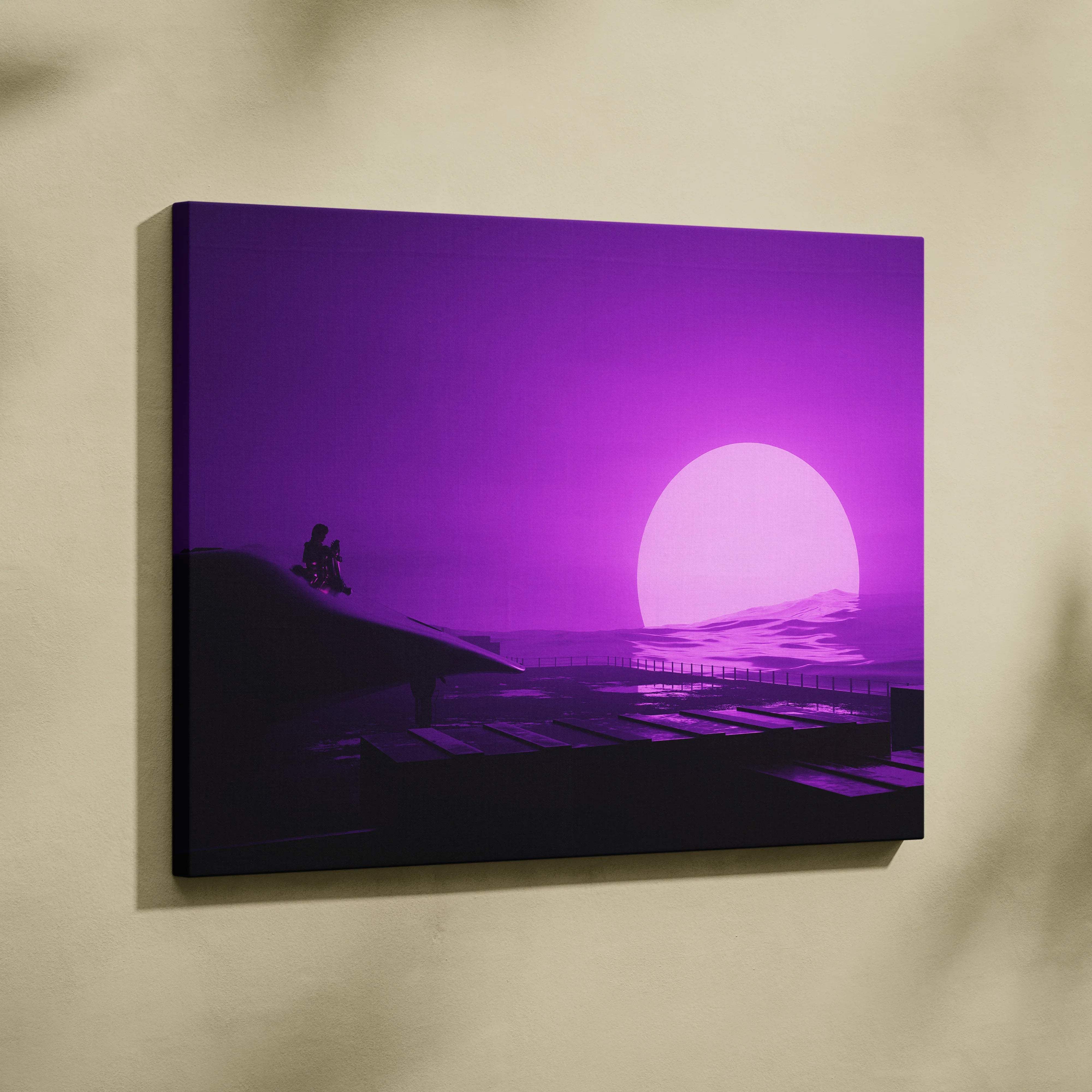 Purple canvas print of silhouetted figures on hill at neon pink synthwave sunset
