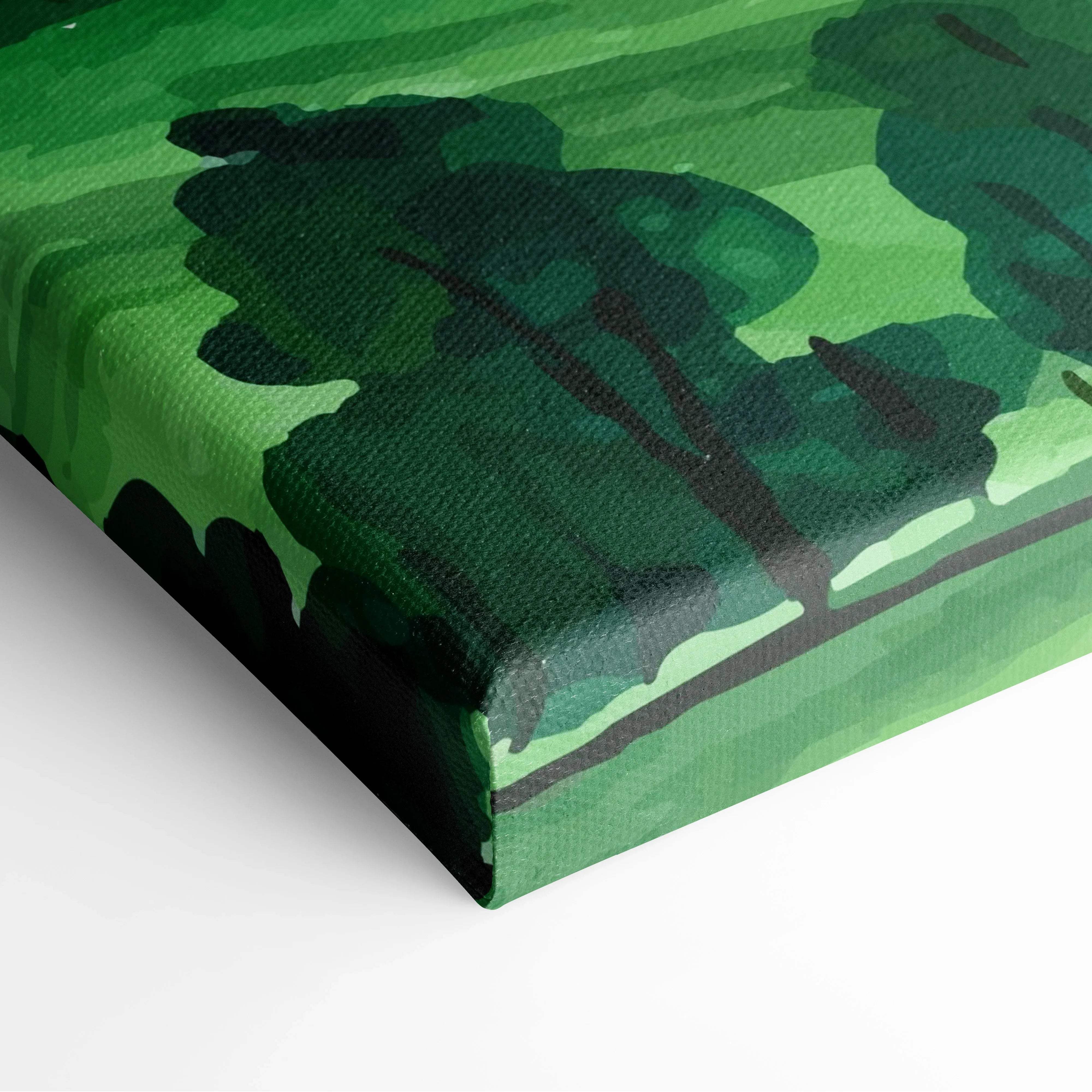 Green camo canvas art with tree silhouettes and rolling hills farmhouse