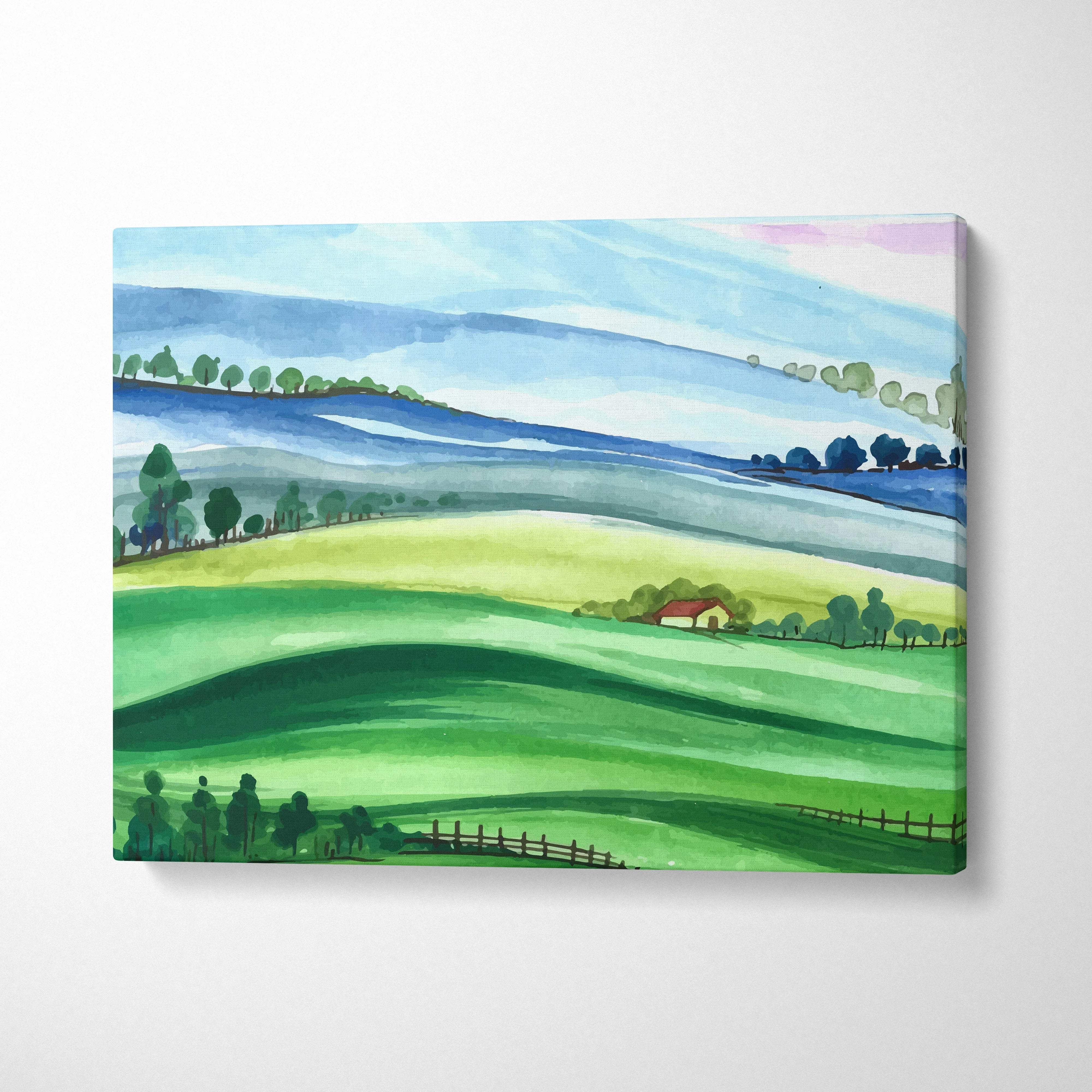 Serene watercolor landscape canvas of rolling green hills and farmhouse