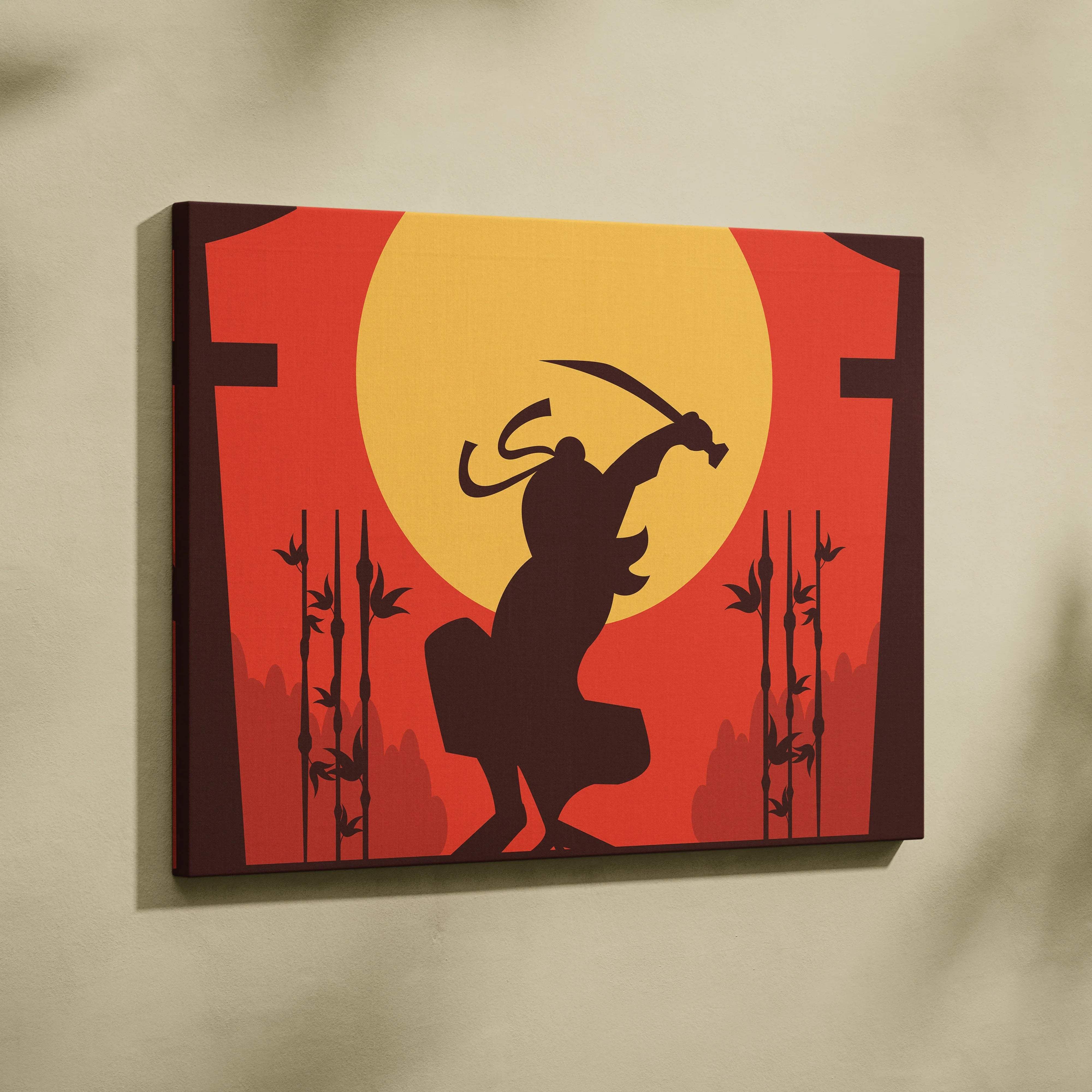 Bold red orange samurai silhouette katana strike rising sun bamboo canvas art