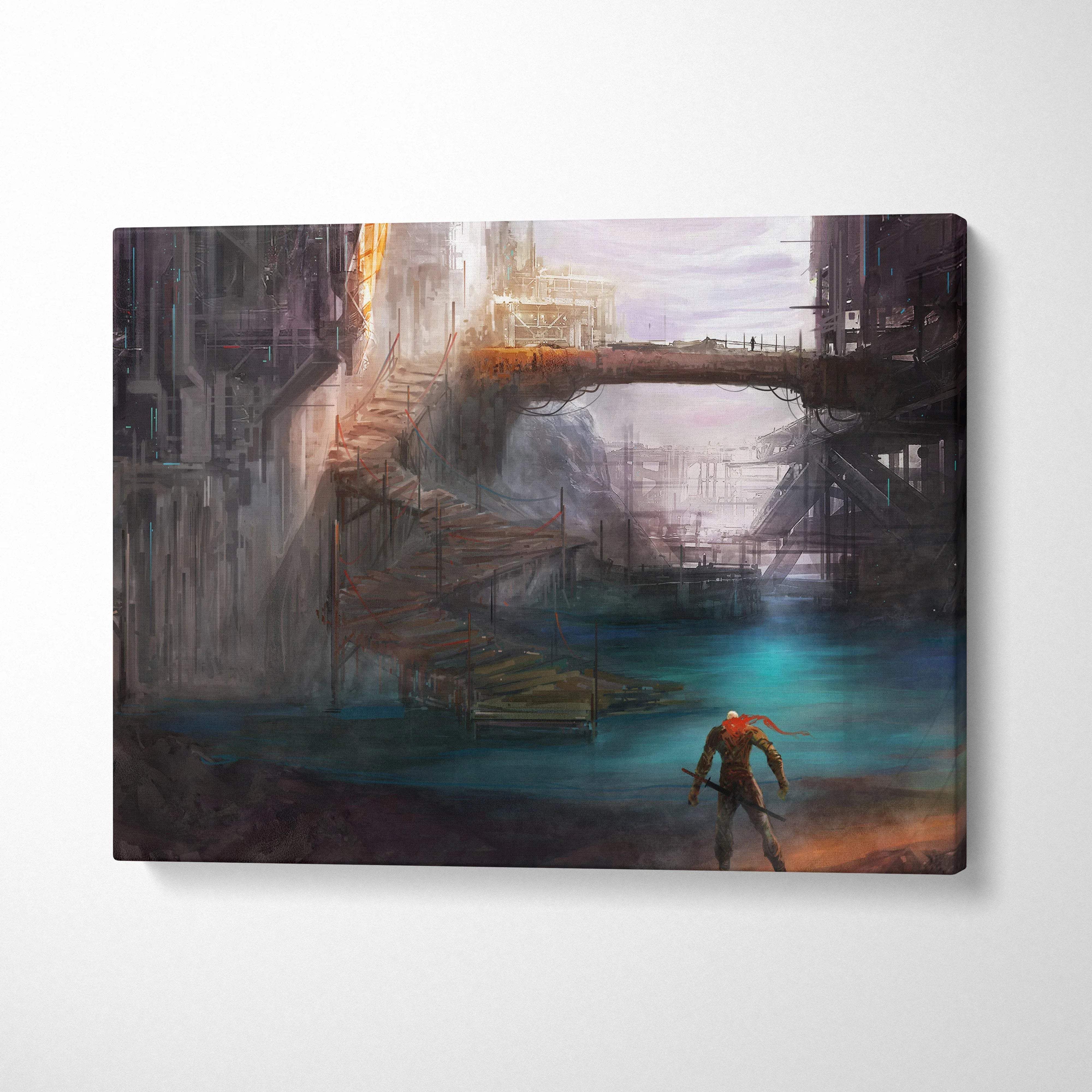 Moody sci-fi lone warrior in dystopian cyberpunk city over teal water canvas art