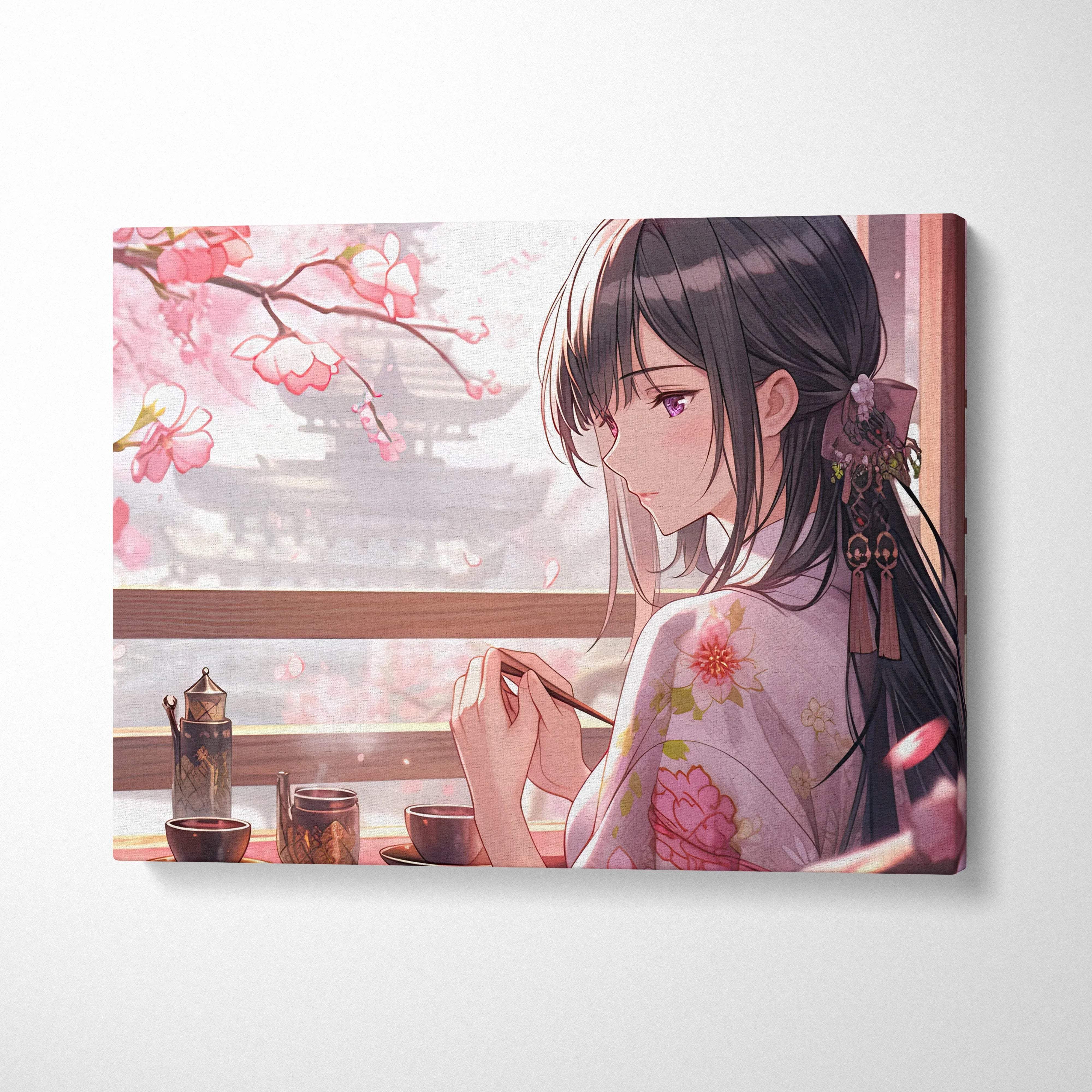 Elegant anime girl in pink floral kimono enjoys tea amid cherry blossoms