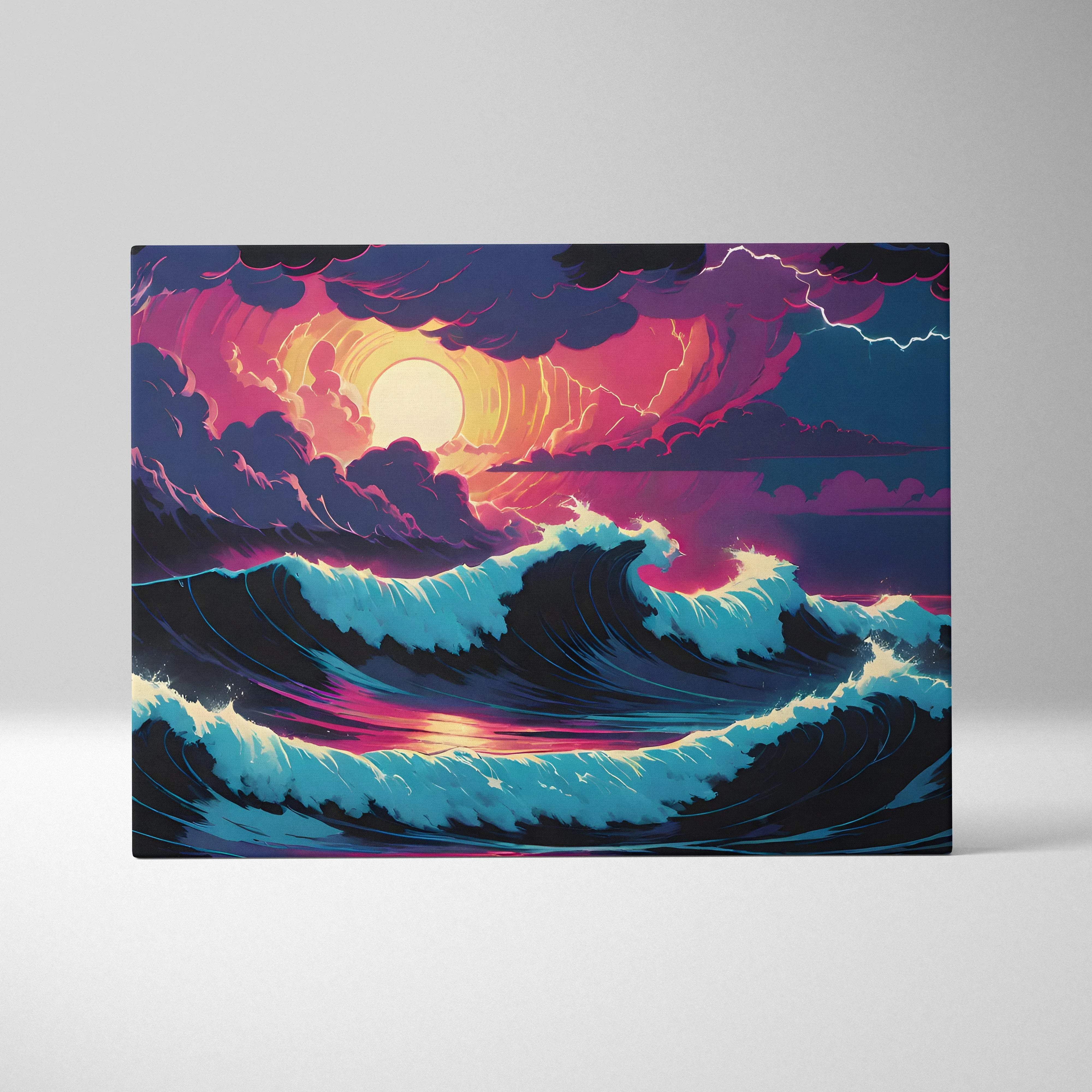 Vibrant neon sunset ocean canvas with turquoise waves, purple clouds, pink teal lightning