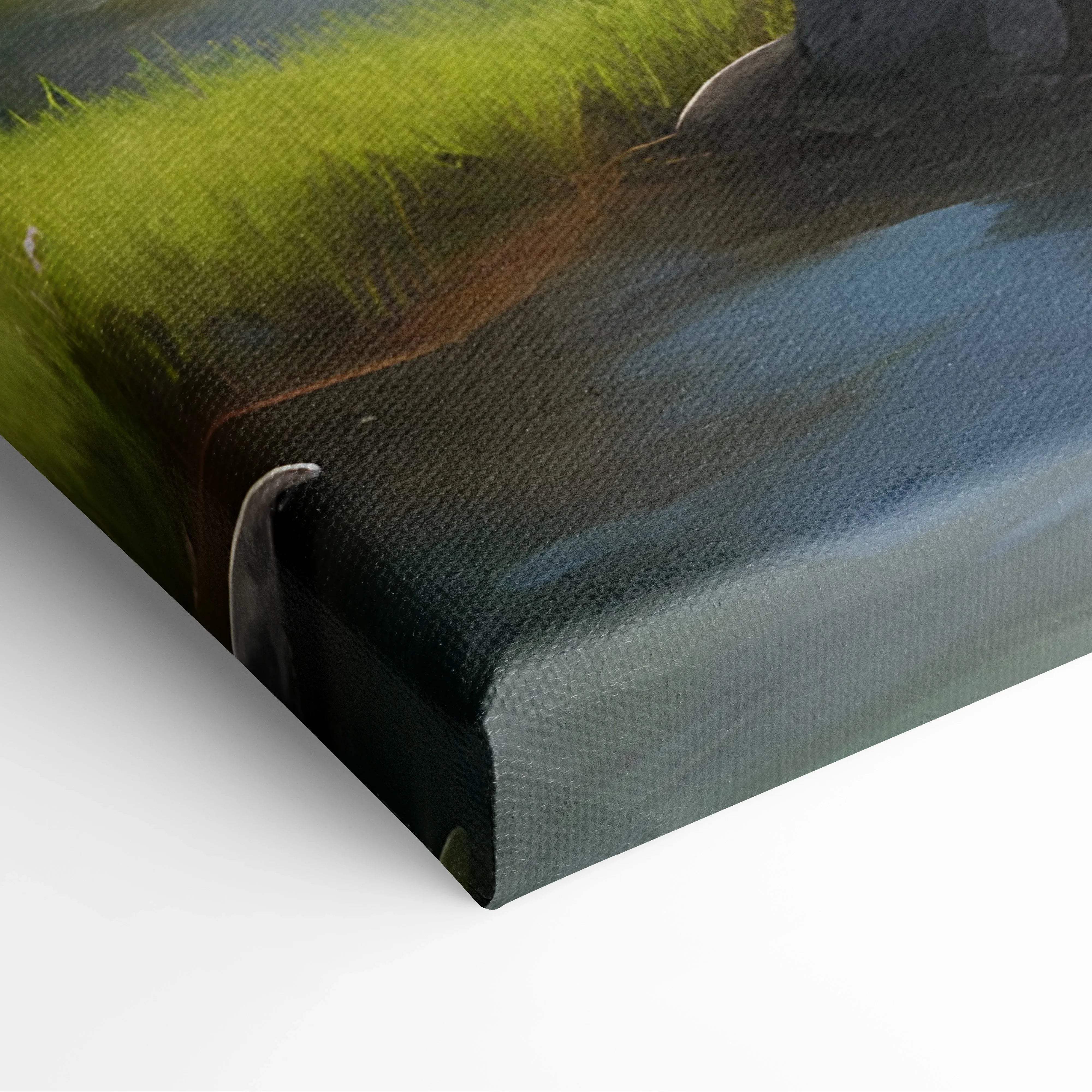 Serene mountain lake canvas art with canoe reflections in pine forest