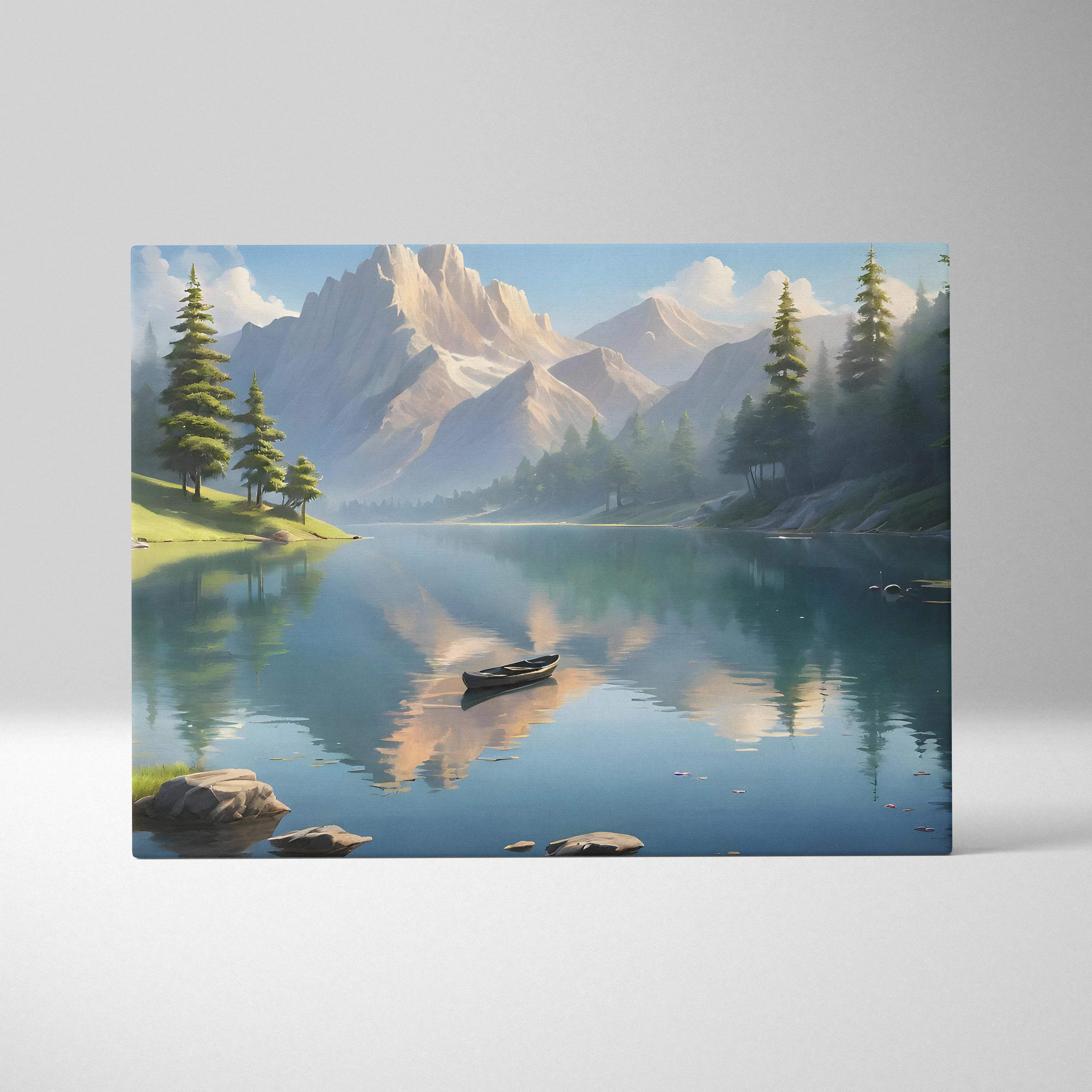 Serene mountain lake canvas print with canoe, reflections, pines, snow peaks