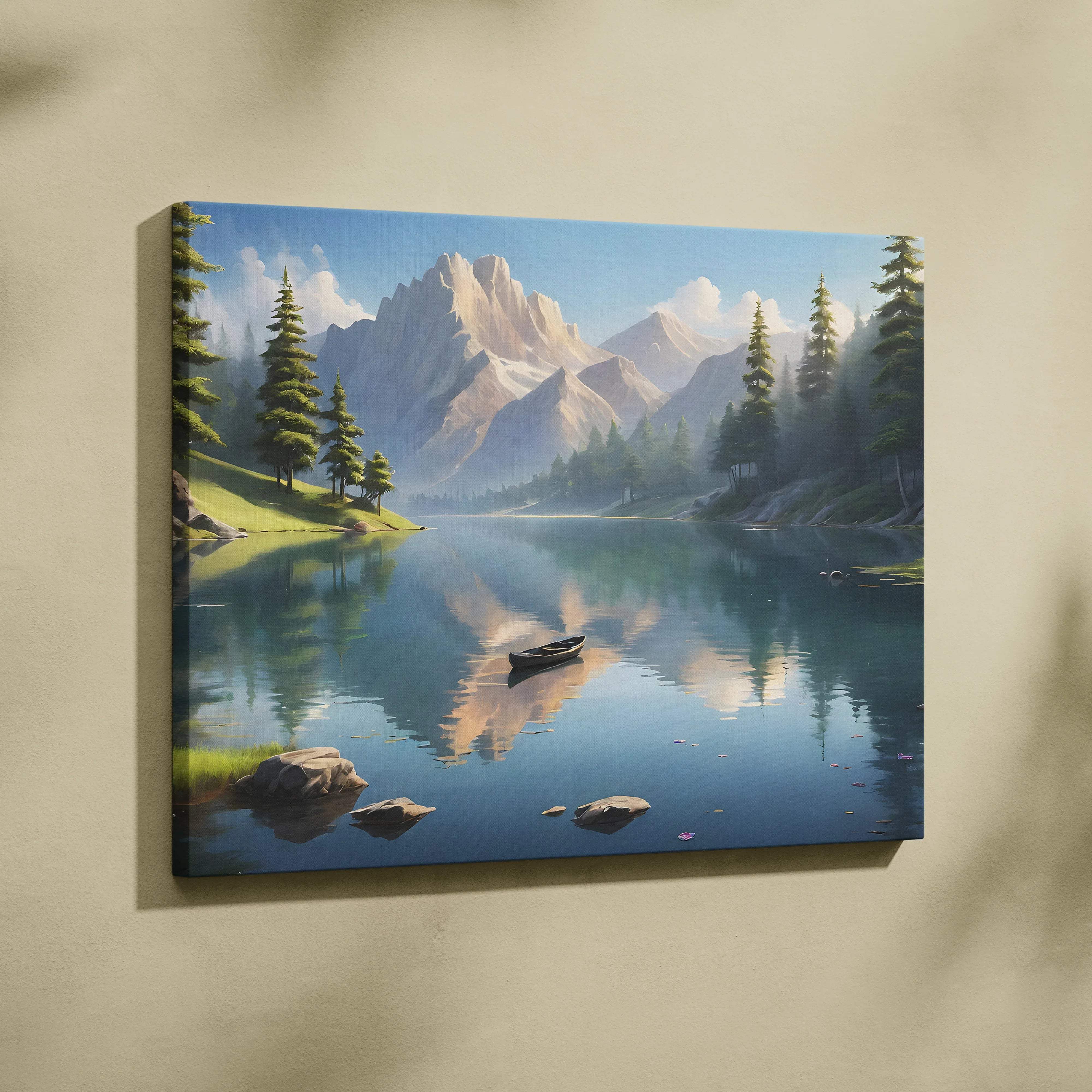 Serene mountain lake canvas print with canoe, reflections, pines, snow peaks