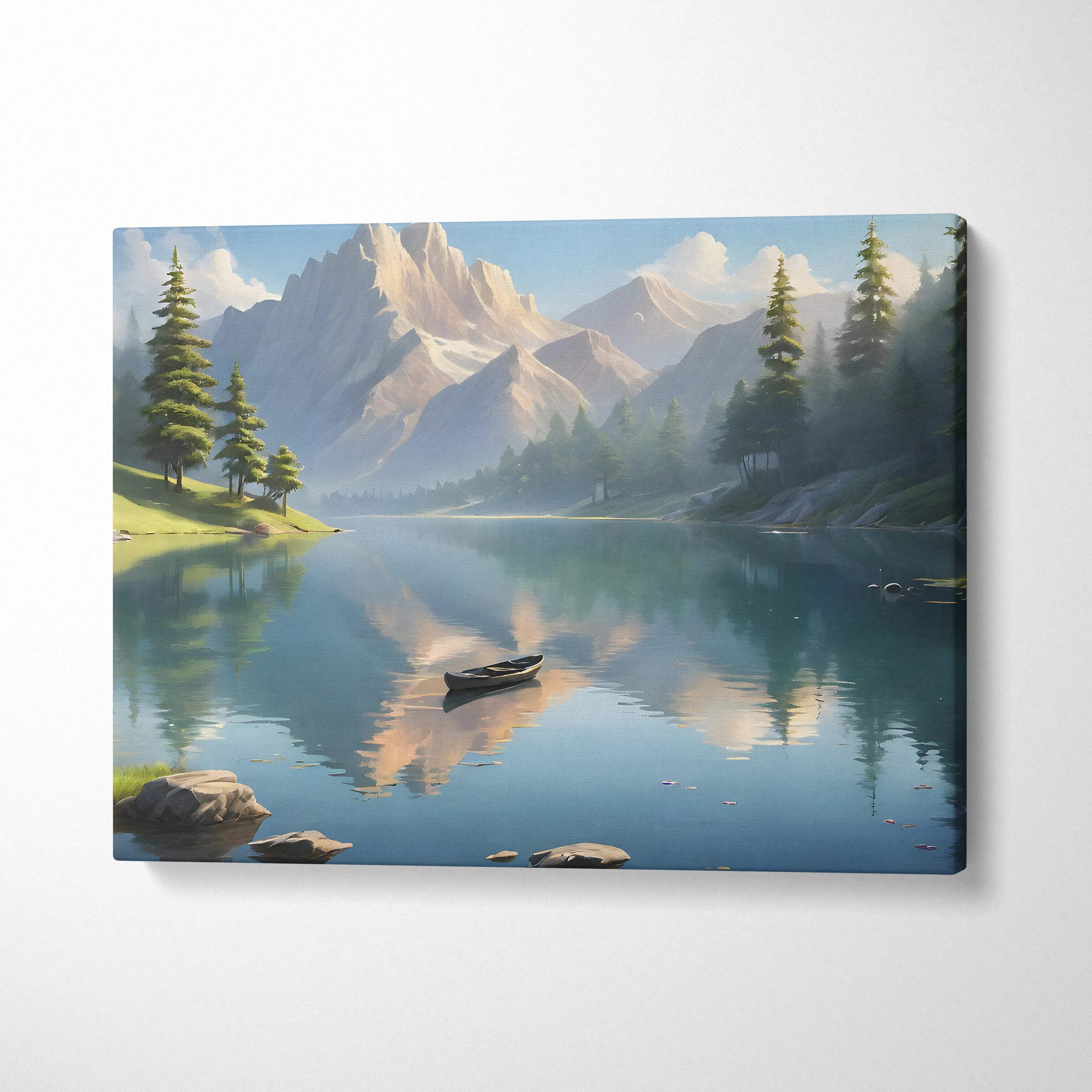 Serene mountain lake canvas print with canoe reflections in pine forest and snow-capped peaks