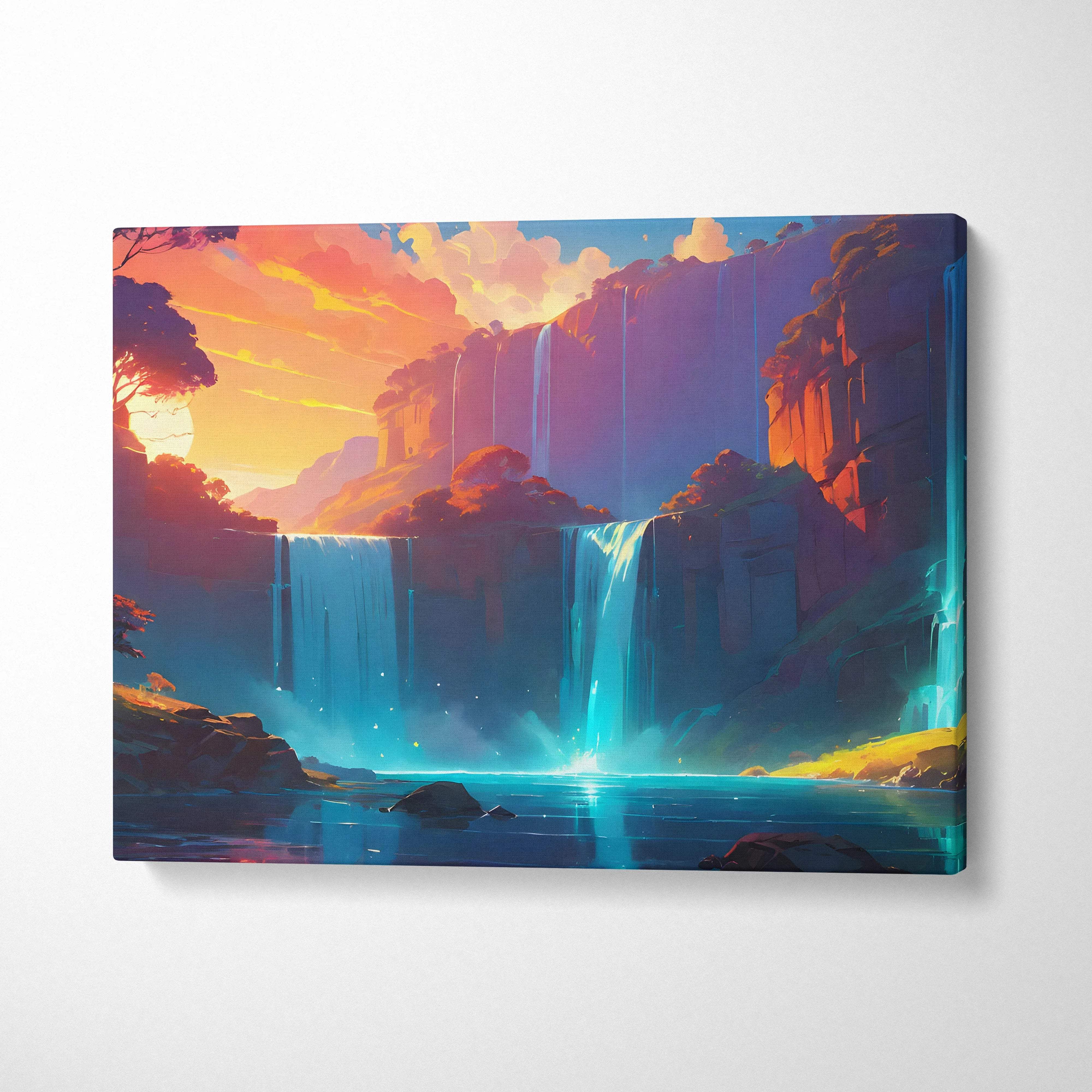 Vibrant sunset waterfall canvas art with turquoise cascades and cliffs