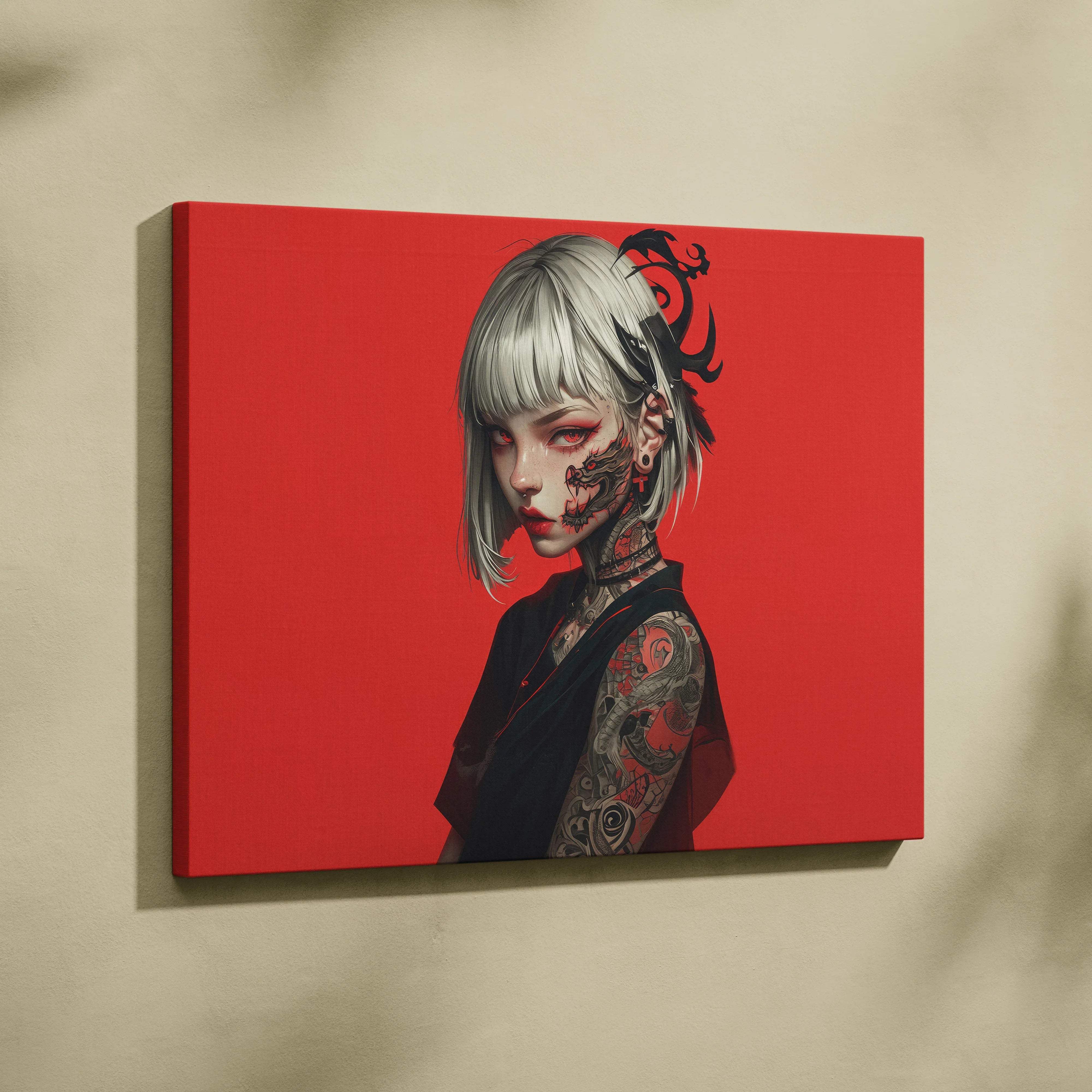 Edgy anime girl with dragon tattoos, silver bob hair on red cyberpunk canvas