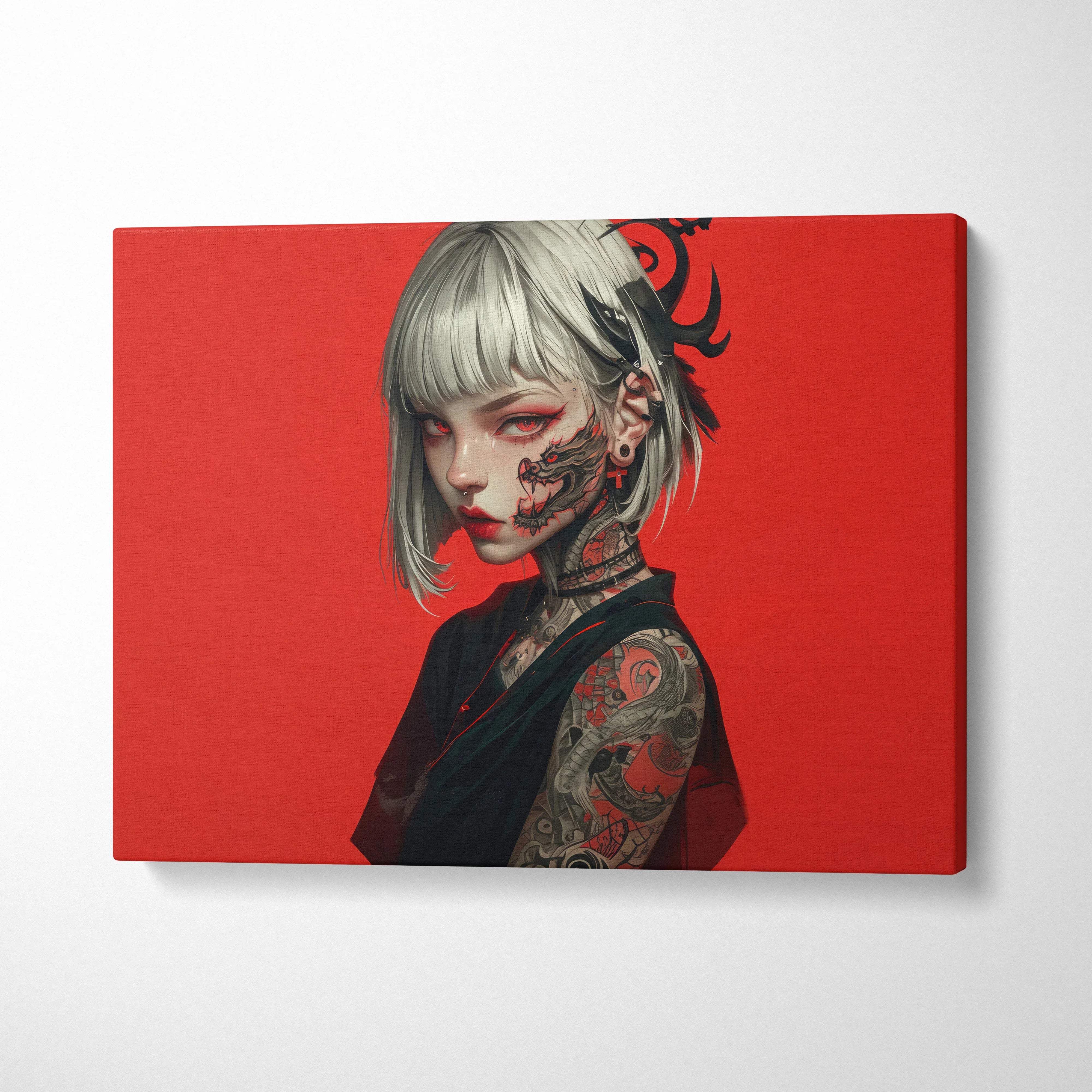 Edgy anime girl with dragon tattoos, silver bob hair on red cyberpunk canvas