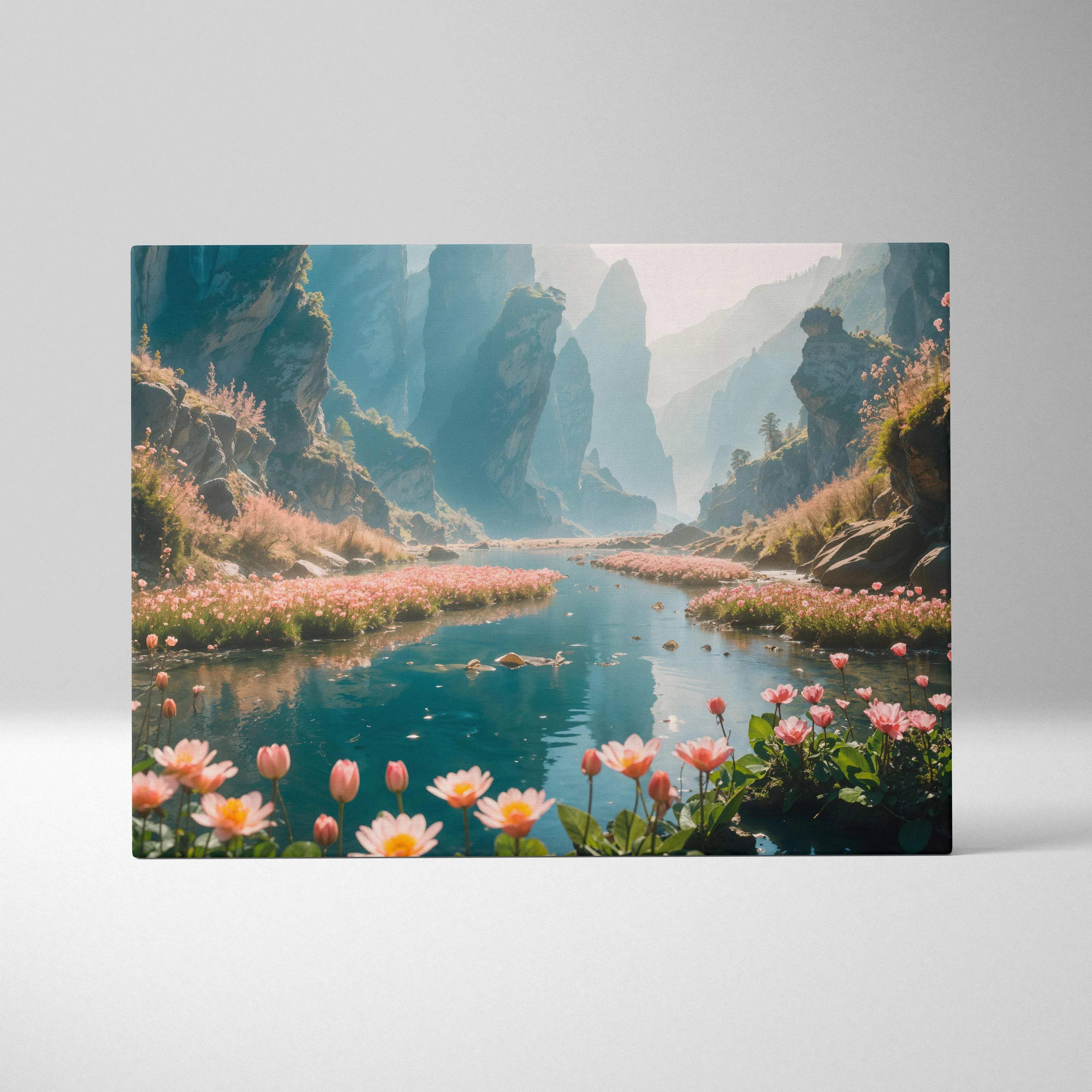 Serene mountain canyon turquoise river with pink flowers canvas wall art
