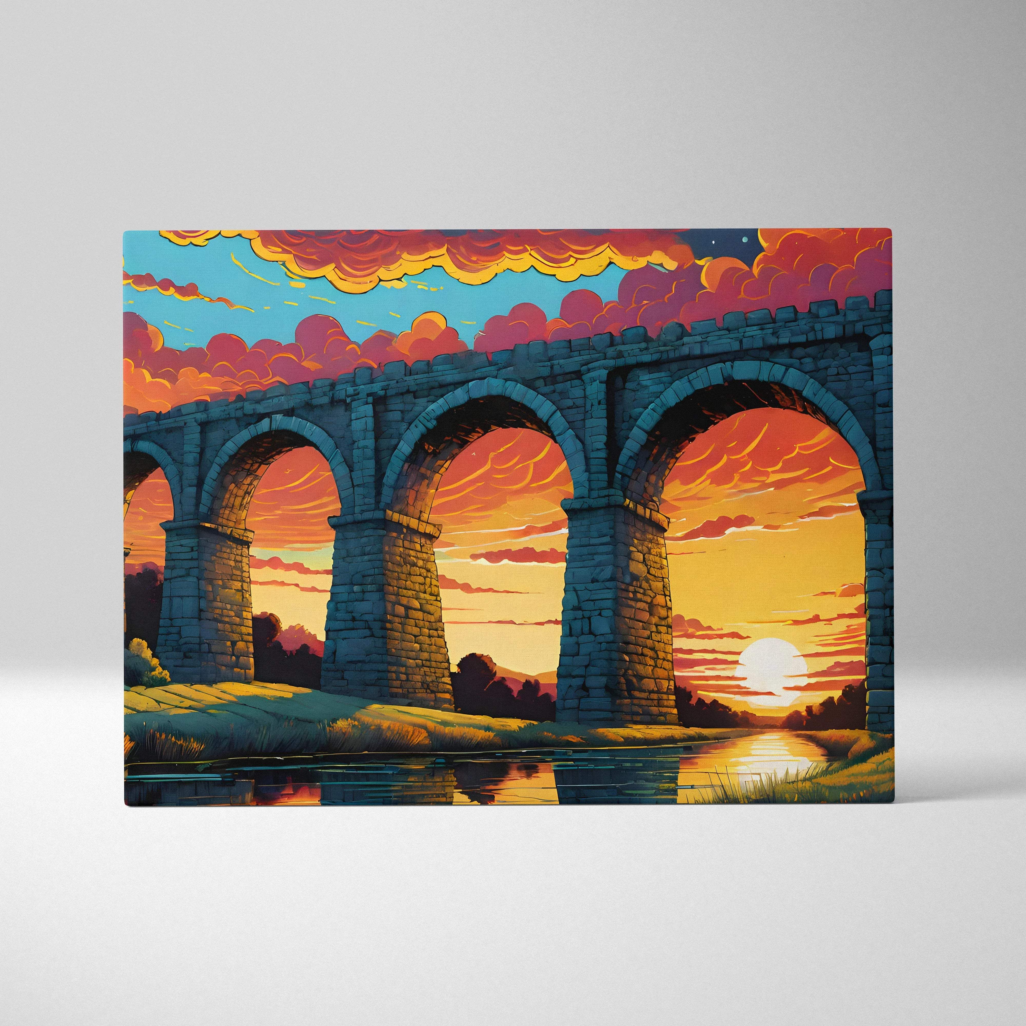 Epic fantasy stone aqueduct sunset over reflective river canvas art