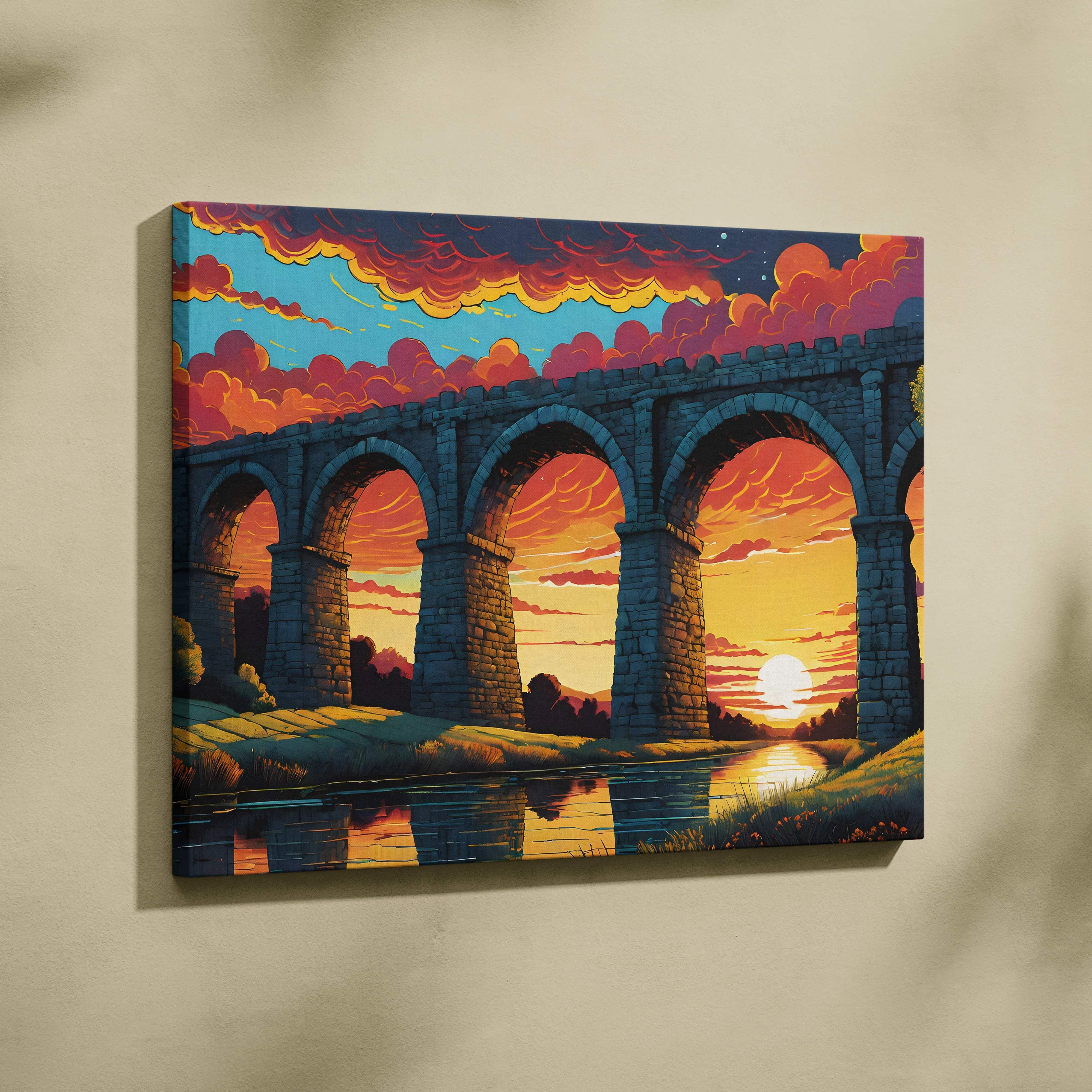 Epic fantasy stone aqueduct sunset over reflective river canvas print
