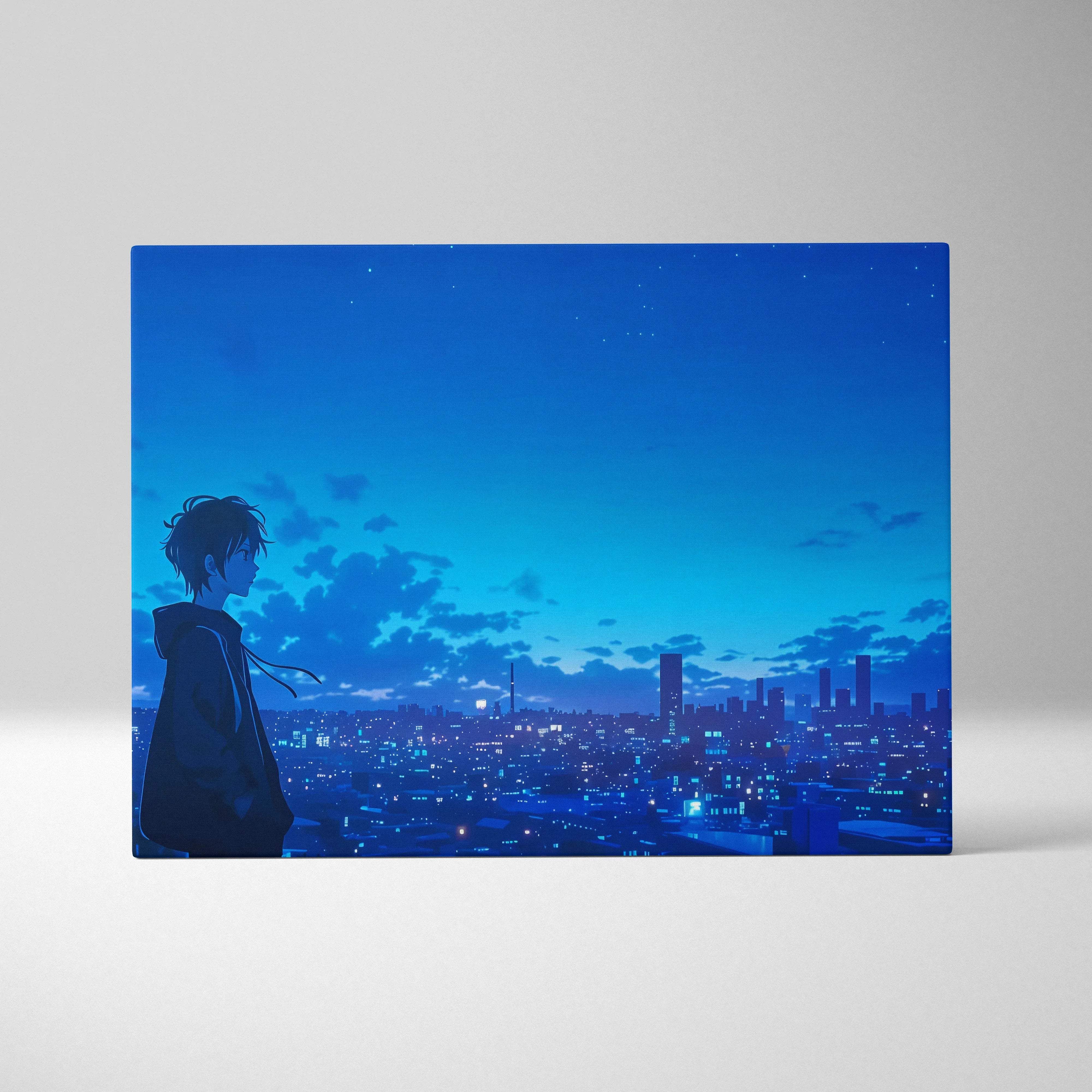 Anime boy silhouette overlooking moody cyan-toned night city canvas art