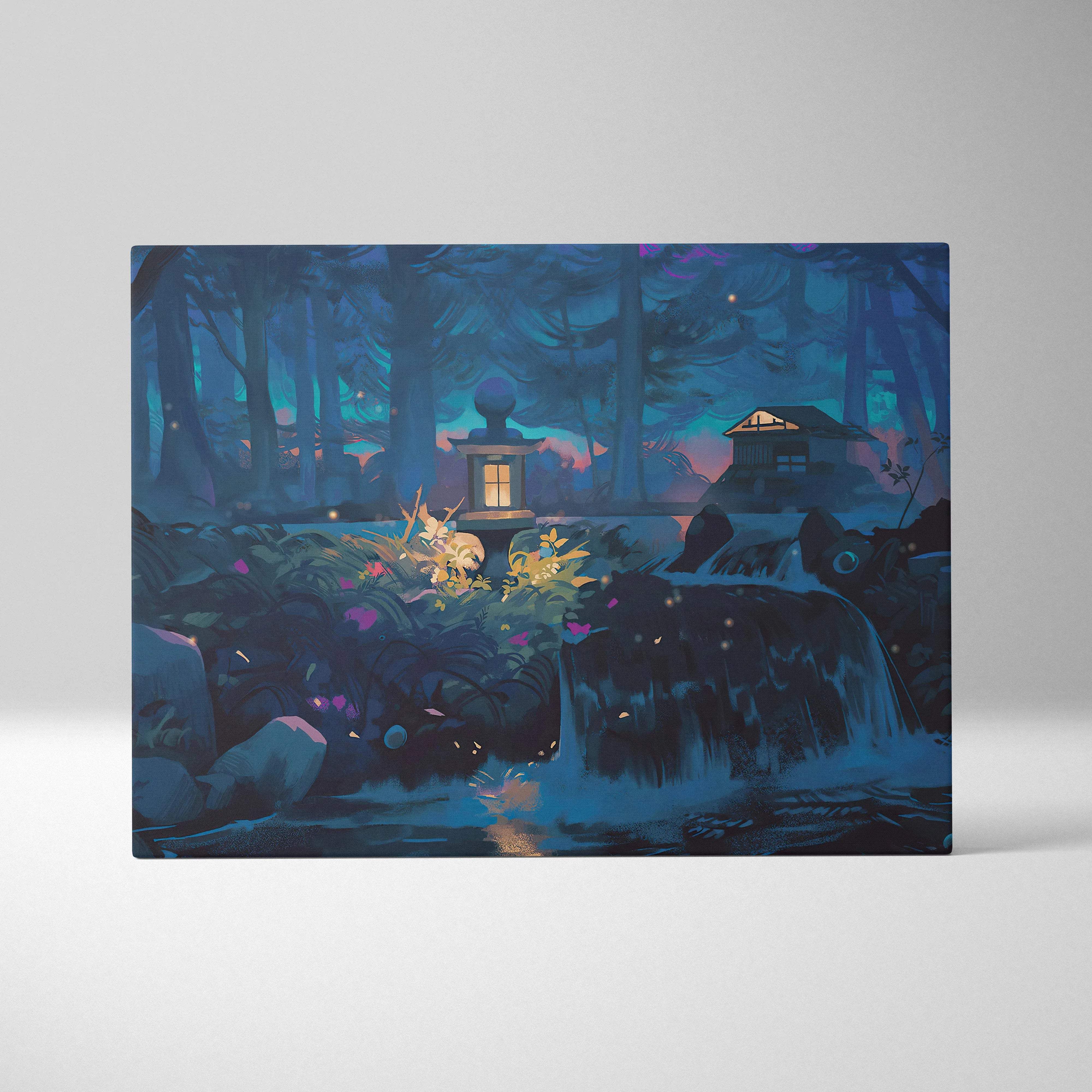 Enchanted night forest canvas with lanterns, waterfalls, dreamy cabin in blue purple tones