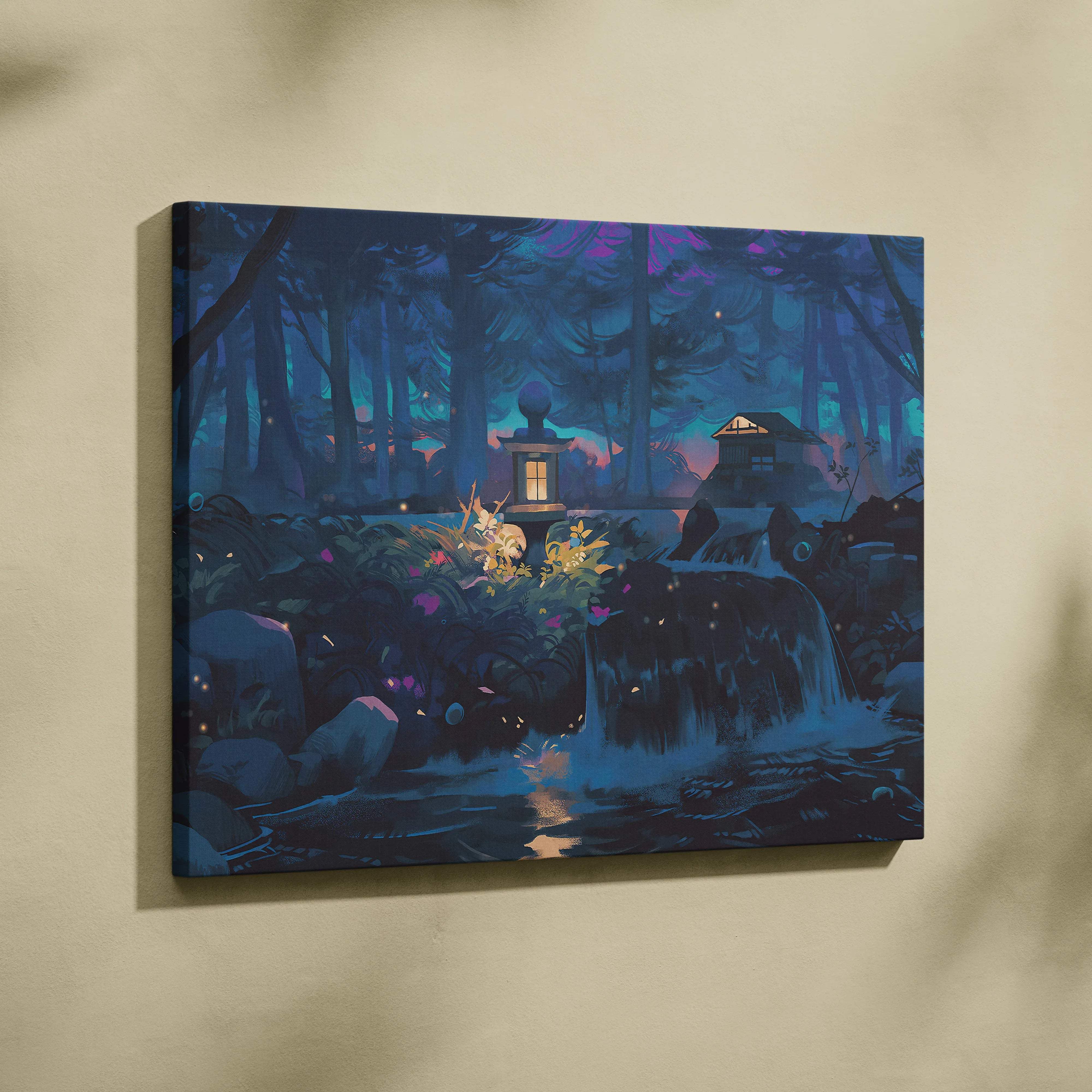 Enchanted night forest canvas wall art with lanterns waterfalls dreamy cabin scene