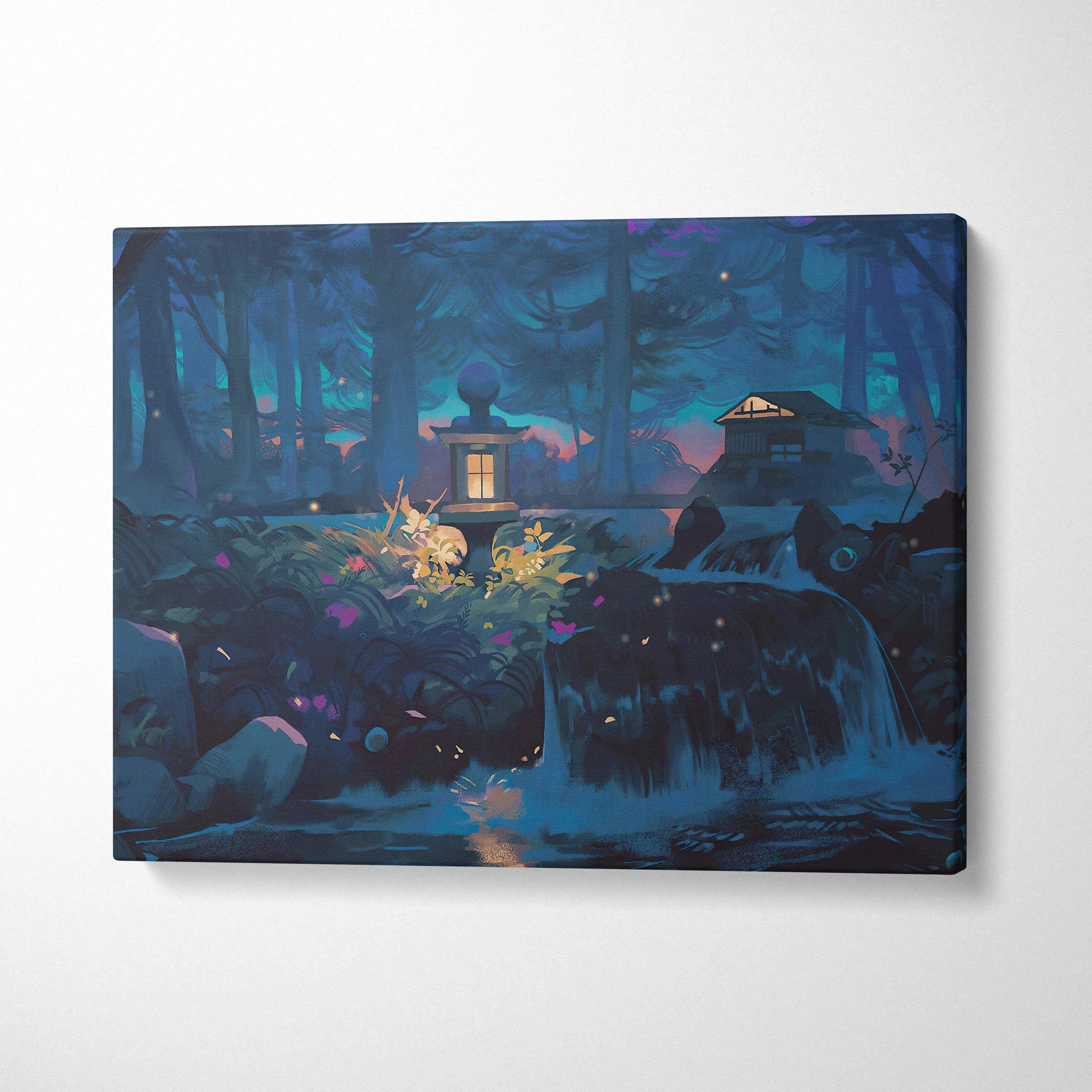 Enchanted night forest canvas print with lanterns, waterfall, cabin in blue-purple tones