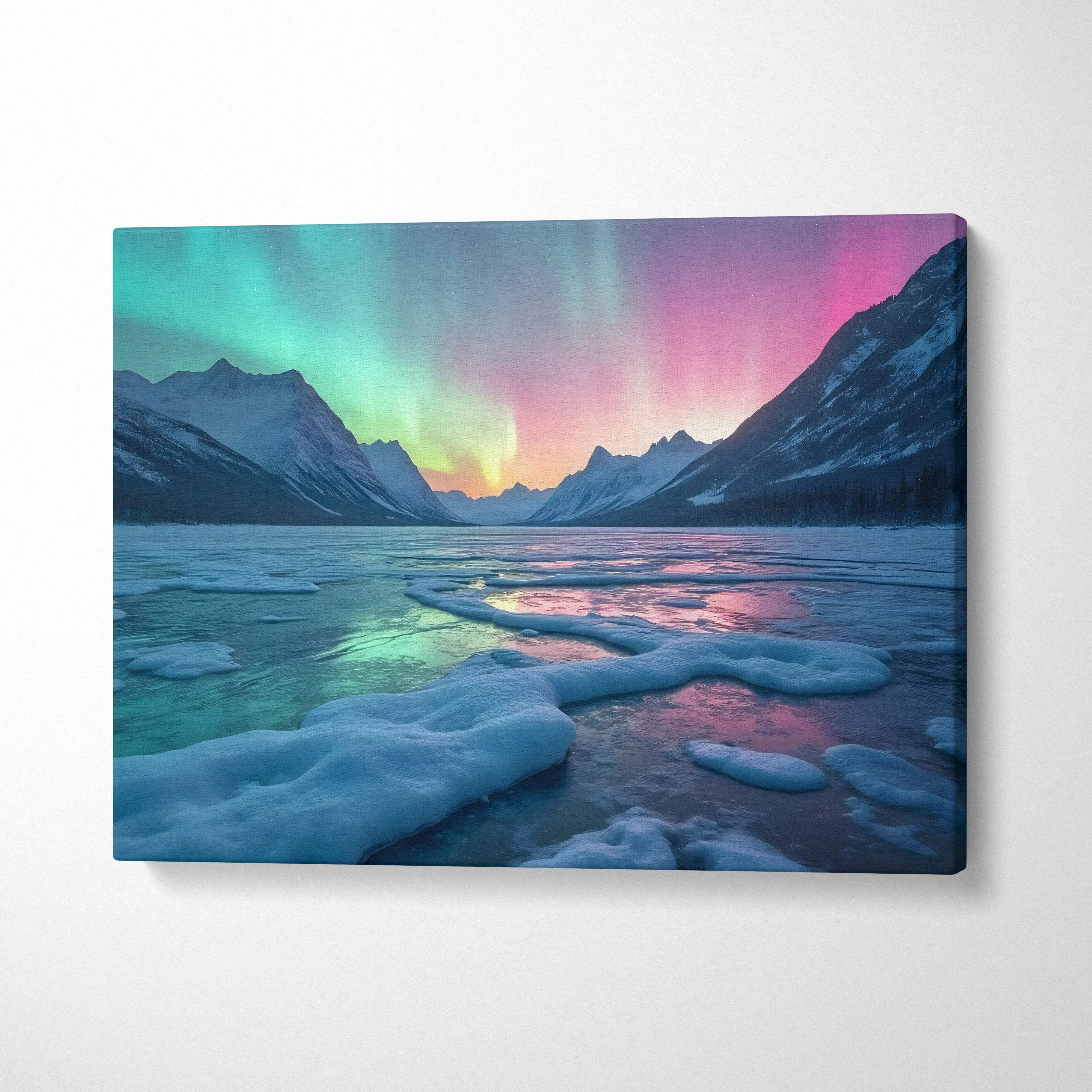 Vibrant aurora borealis over frozen lake and snow-capped mountains canvas print