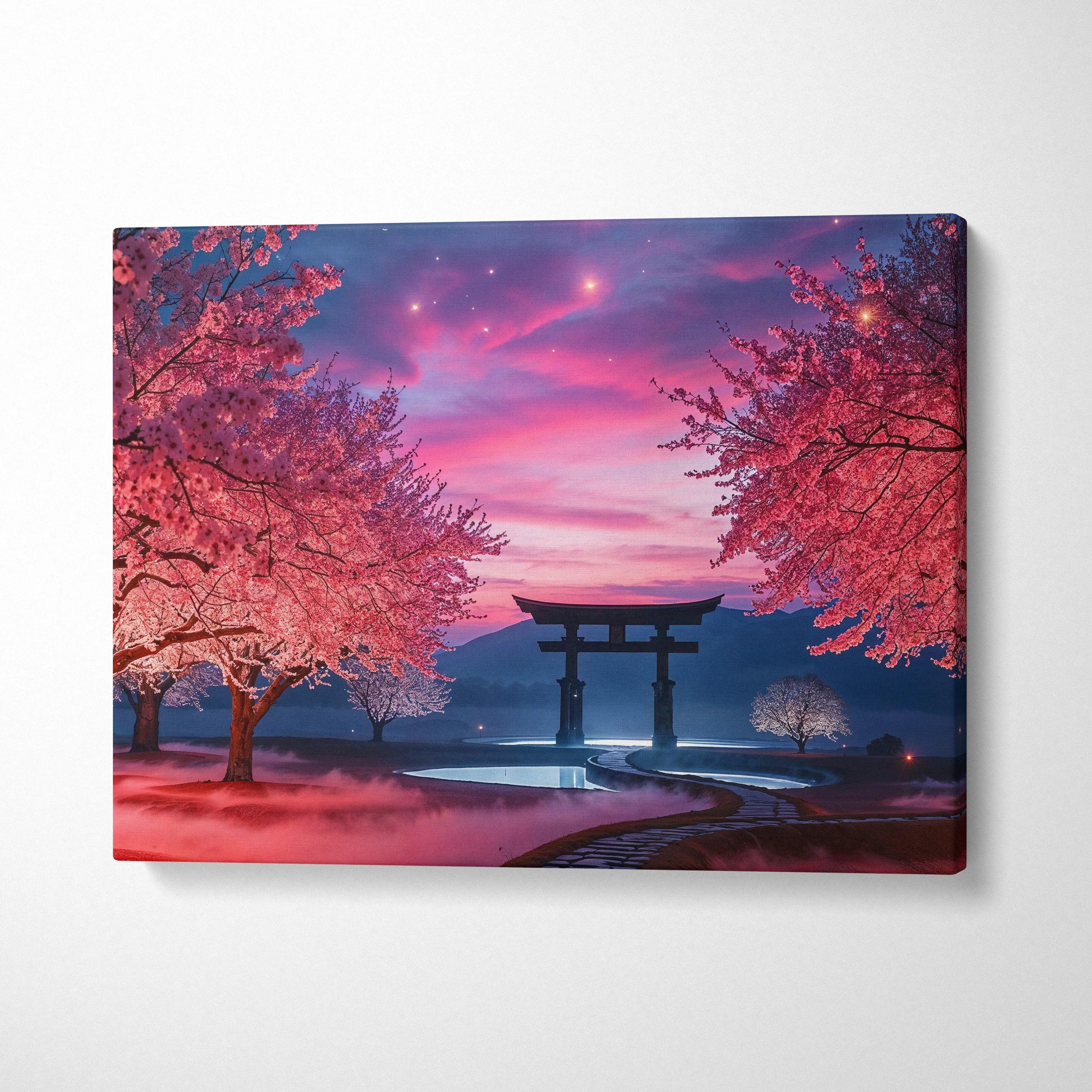 Dreamlike cherry blossom twilight torii gate misty path canvas art