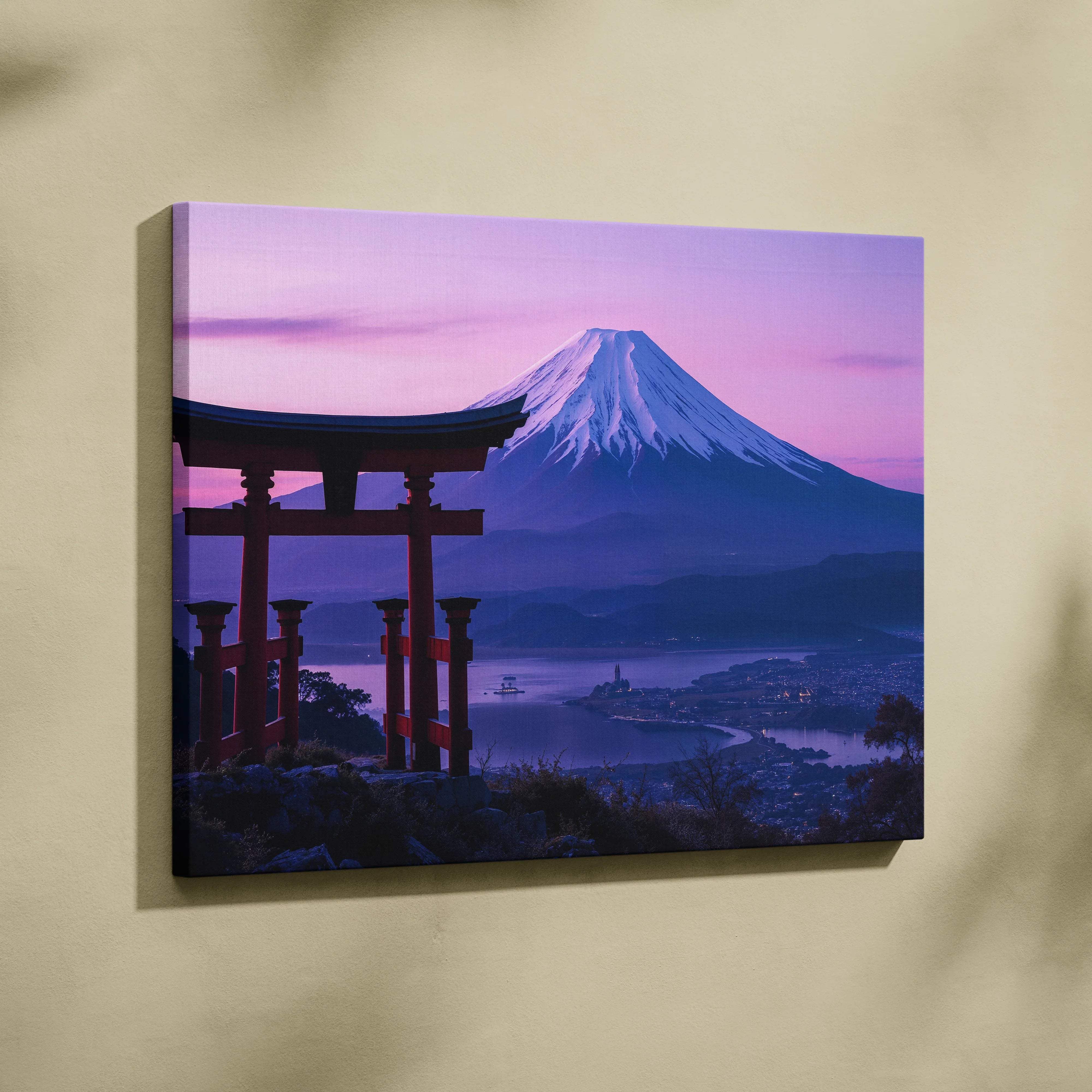 Serene twilight Mount Fuji with red torii gate, lake and city lights canvas art