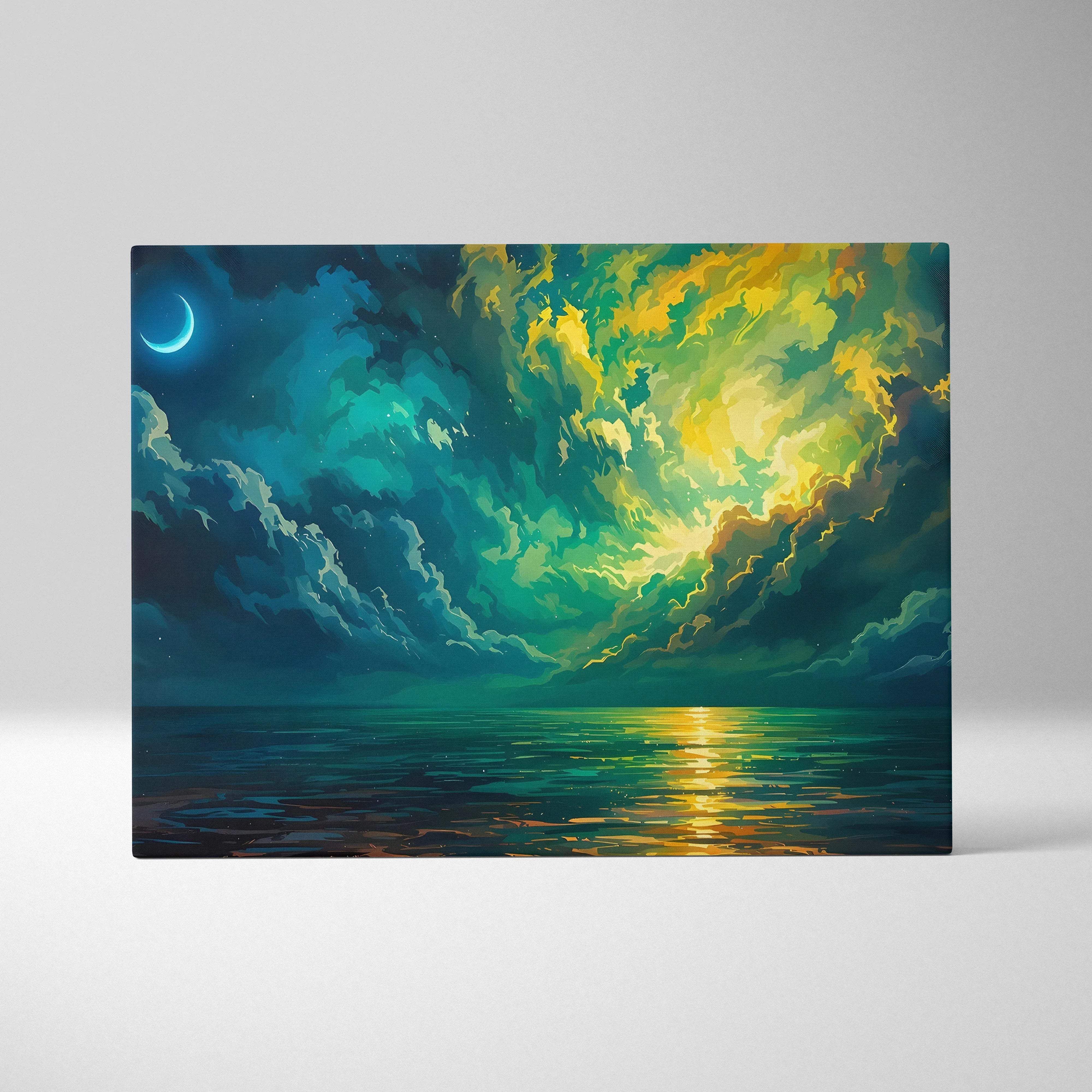 Surreal night seascape canvas with emerald clouds, crescent moon on teal gold ocean