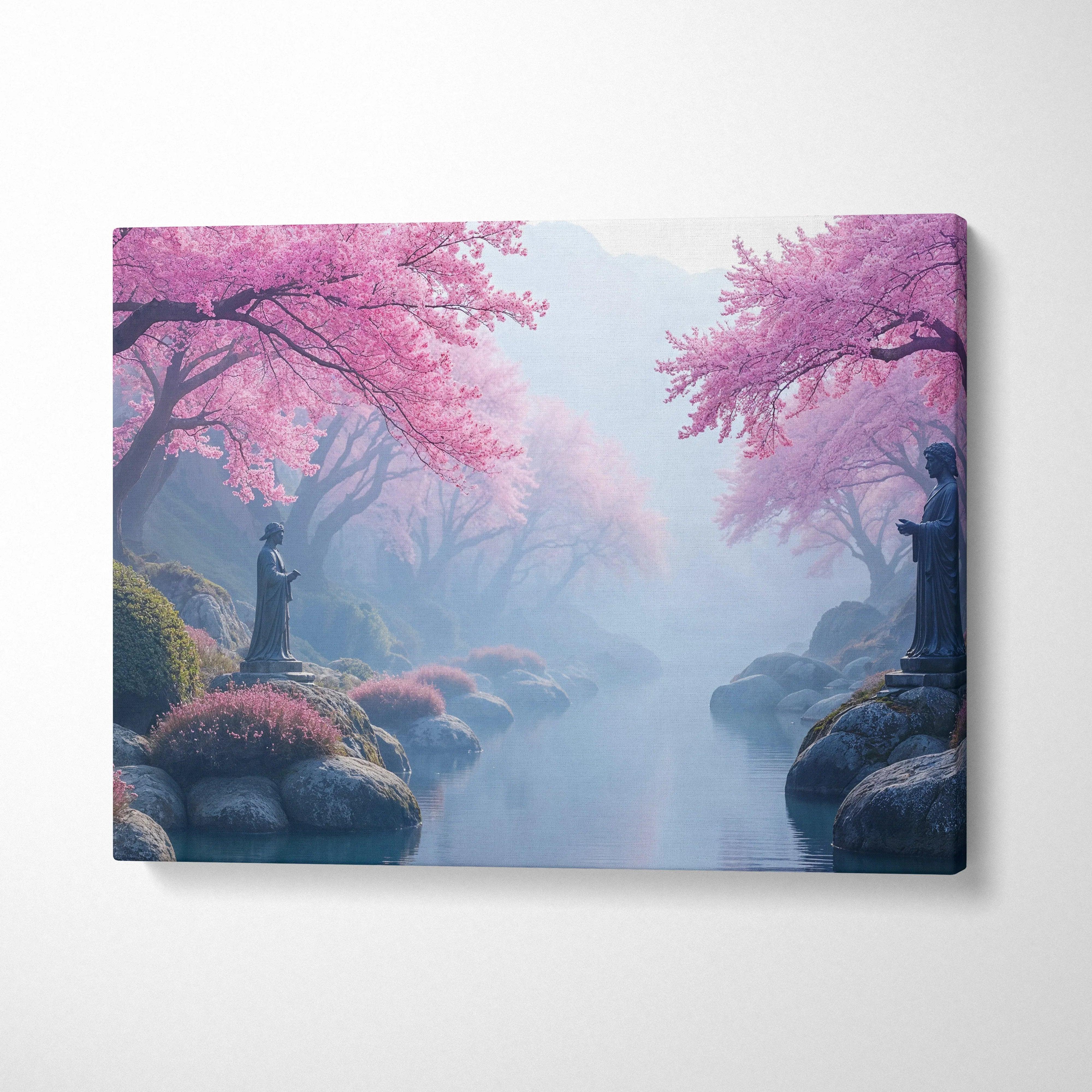Dreamy cherry blossom valley with stone statues by misty river canvas art
