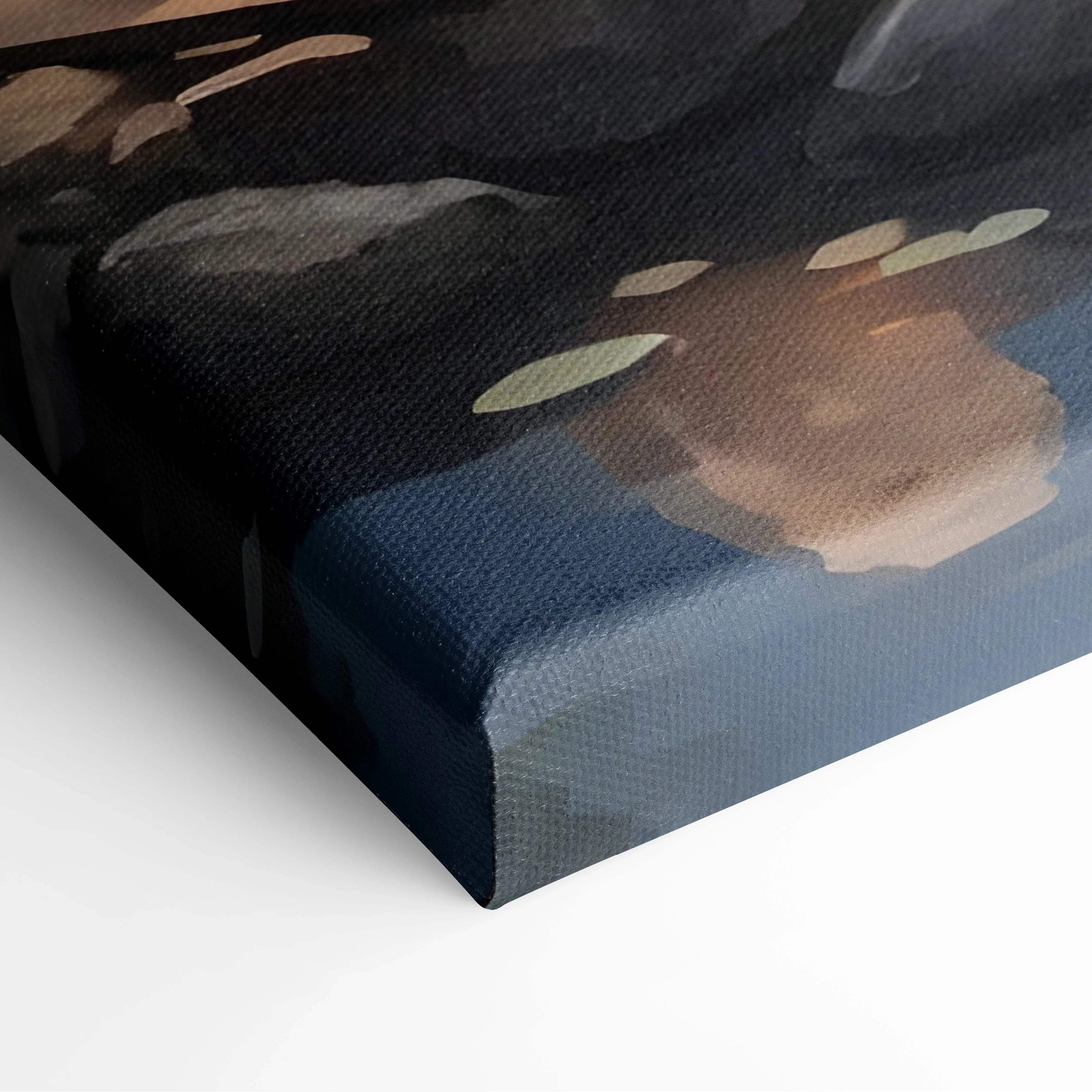 Abstract black canvas painting of tranquil moonlit Japanese garden in blues greens