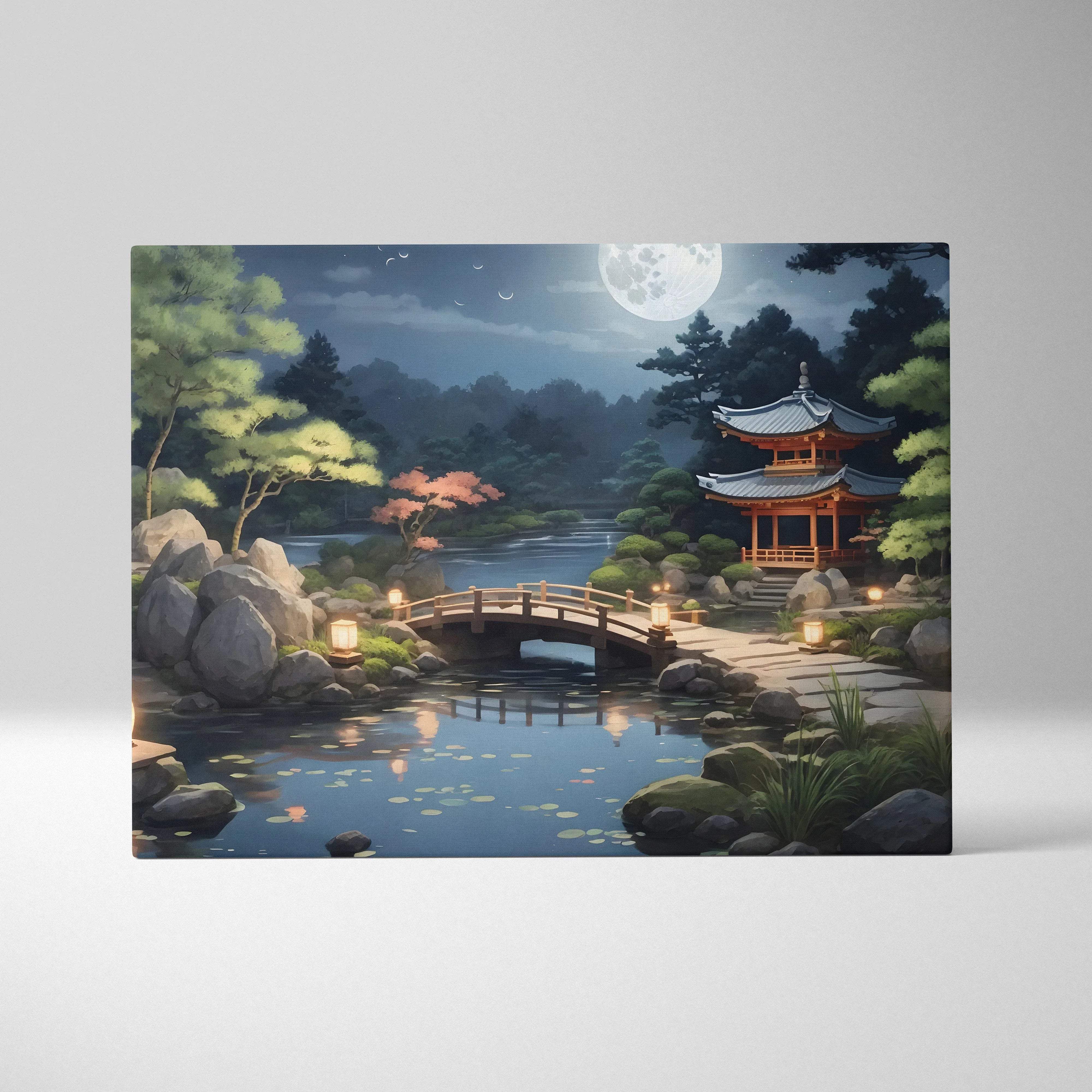 Tranquil moonlit Japanese garden canvas wall art with pagoda bridge lanterns