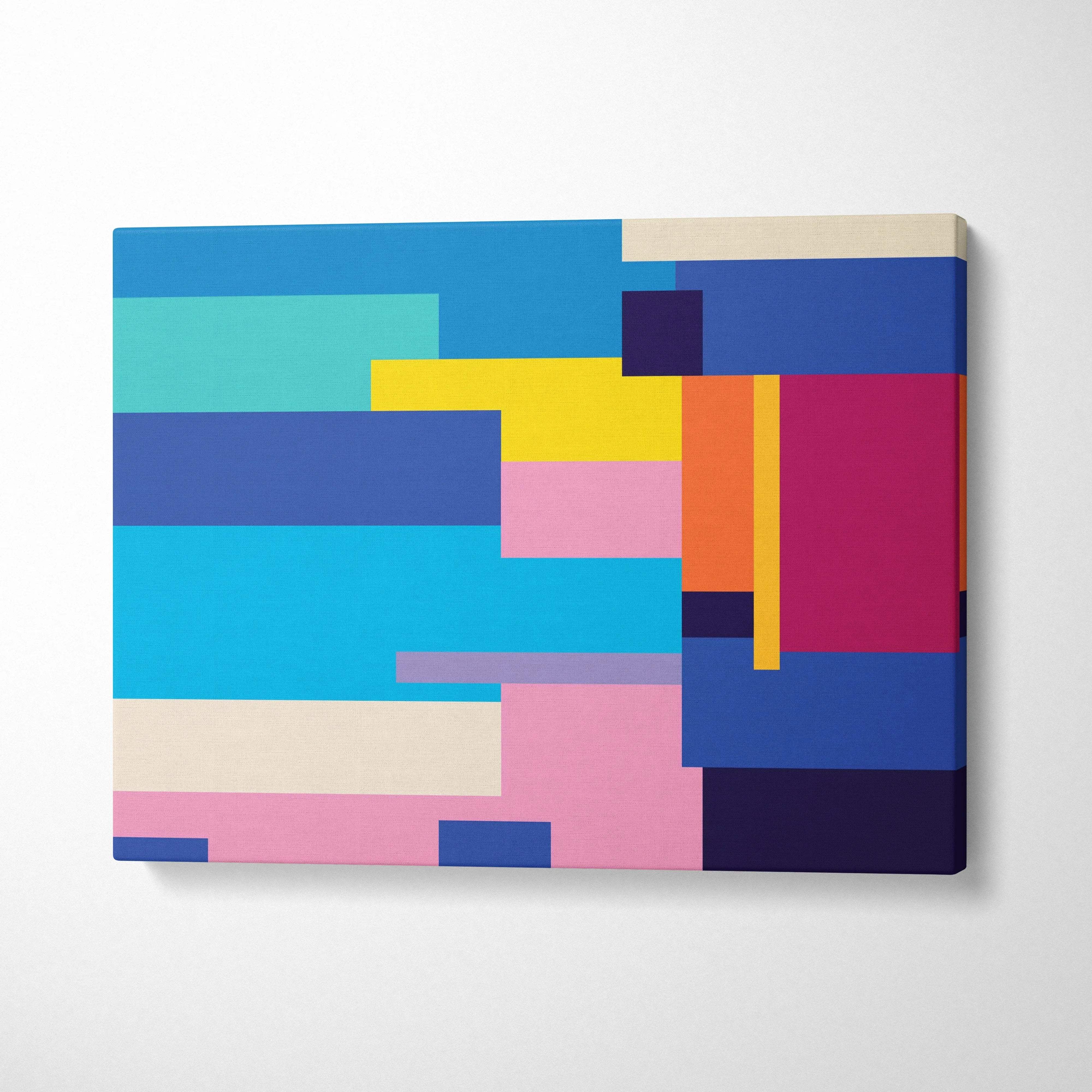 Vibrant abstract geometric canvas wall art in teal navy magenta orange yellow blush