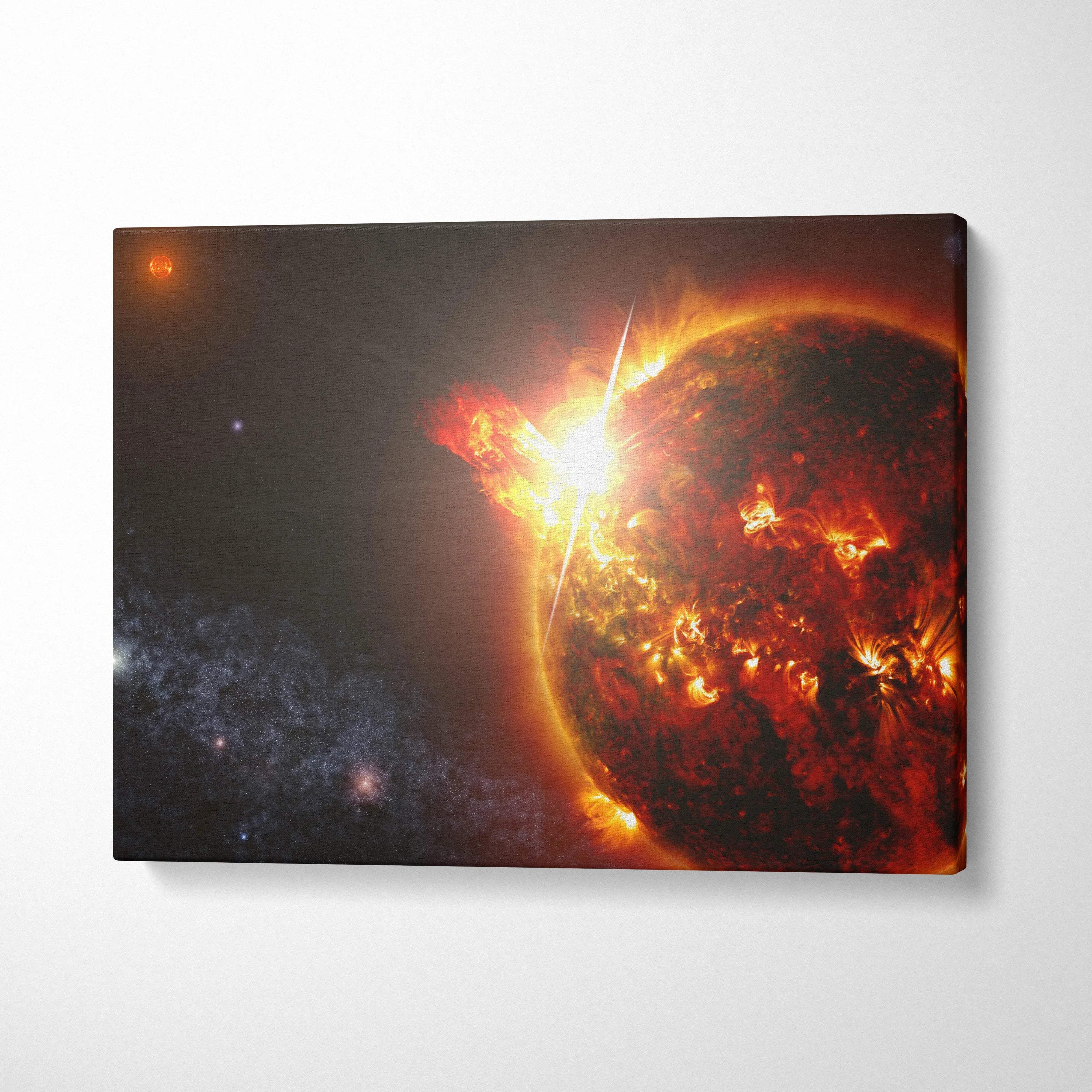 Epic sci-fi fiery sun solar flare canvas wall art in blazing reds oranges cosmic space