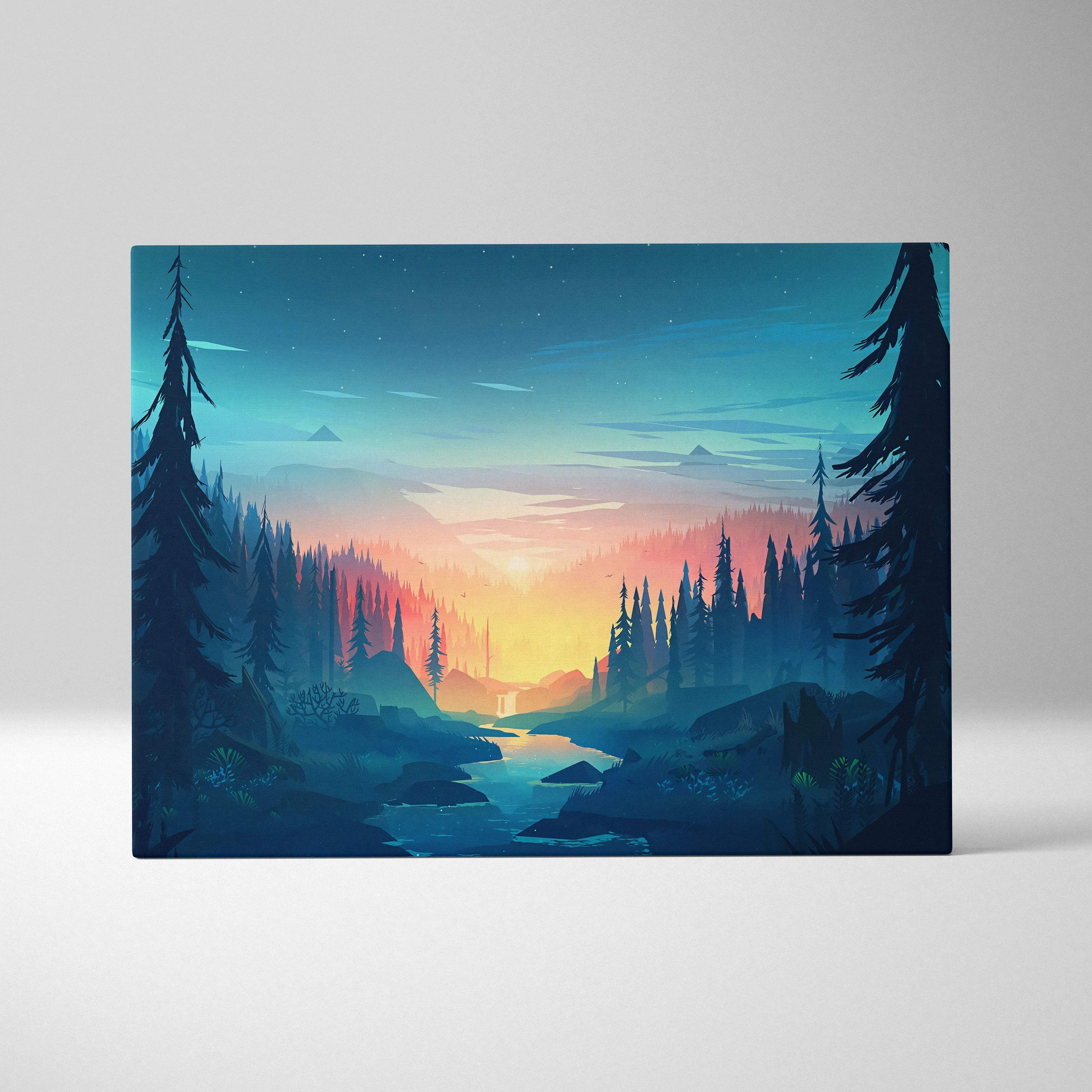 Cinematic forest sunset canvas with river, pine silhouettes in teal orange