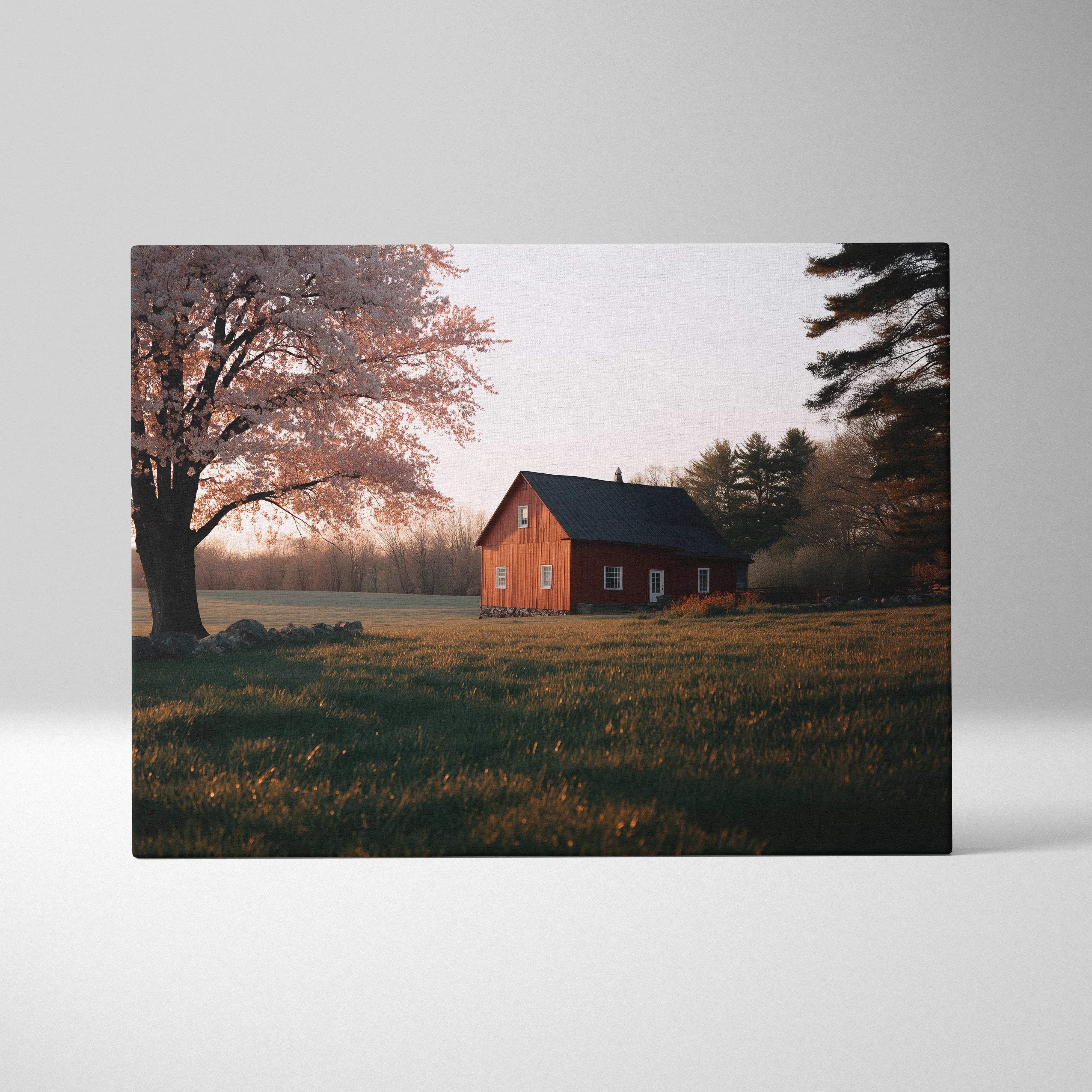 Red barn with dark roof under cherry blossoms at dusk, golden light