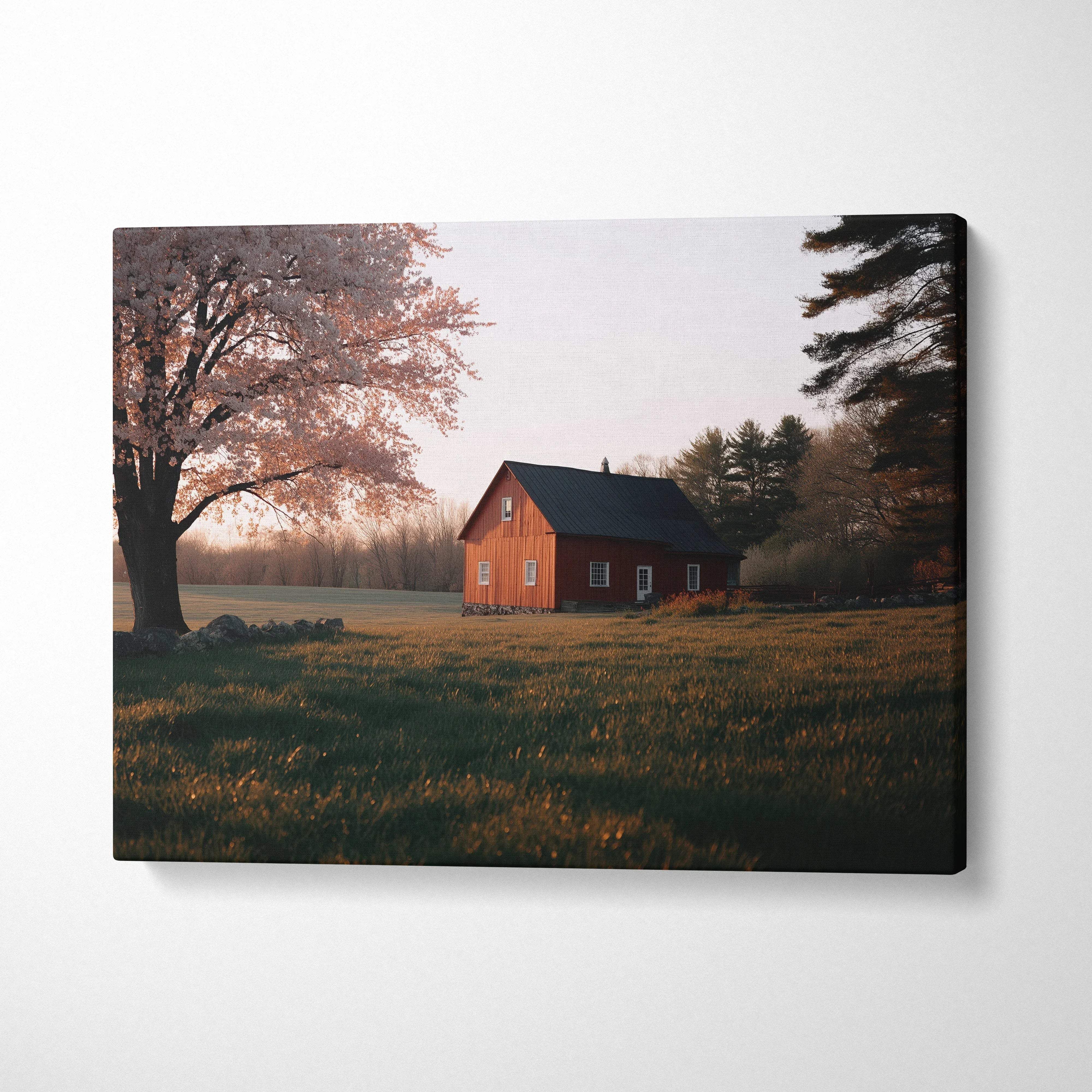 Red barn with dark roof under cherry blossoms at dusk, golden light canvas art