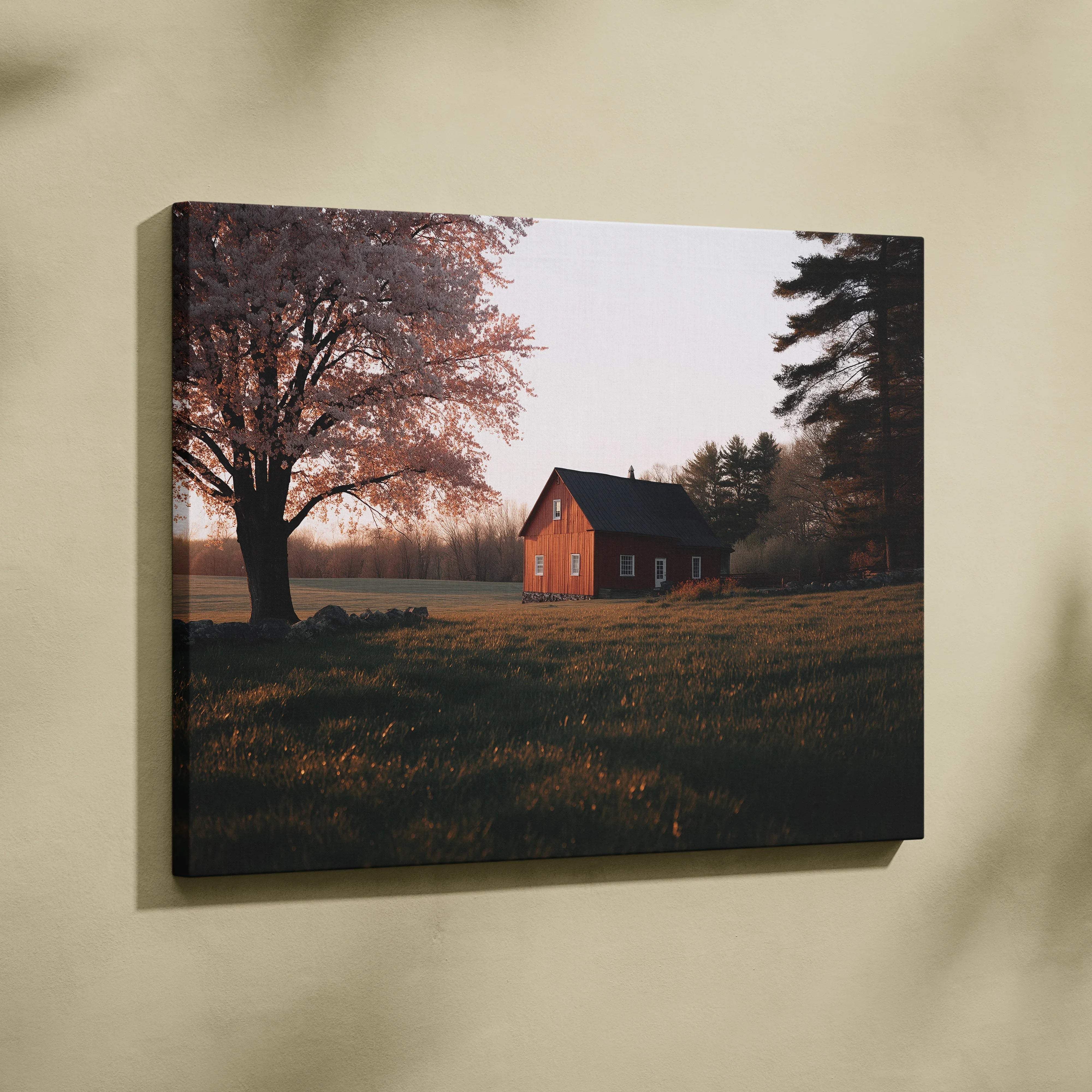 Red barn with black roof under cherry blossoms at dusk, golden light
