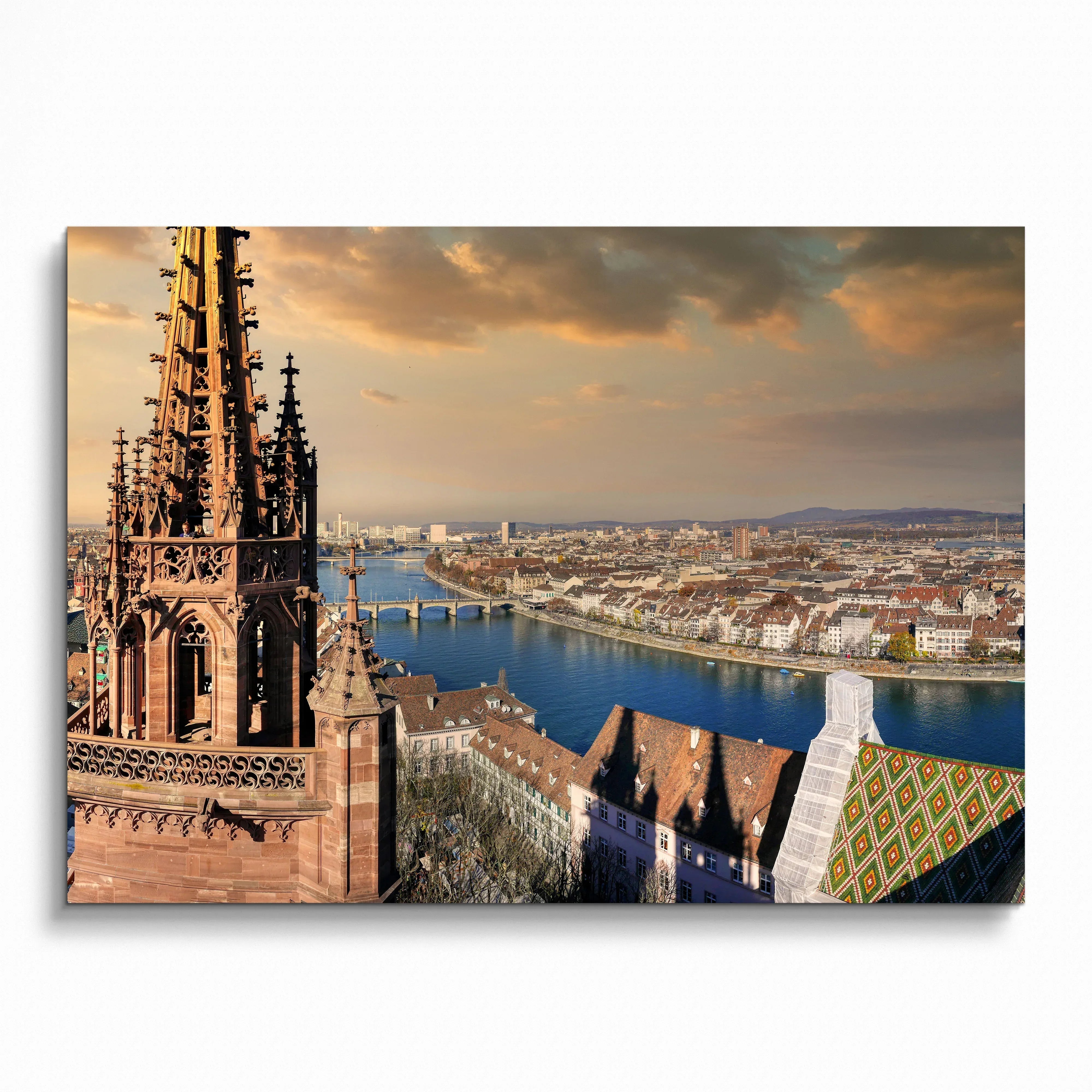 Sunset cityscape wall art poster featuring historic buildings and a river under a golden sky.