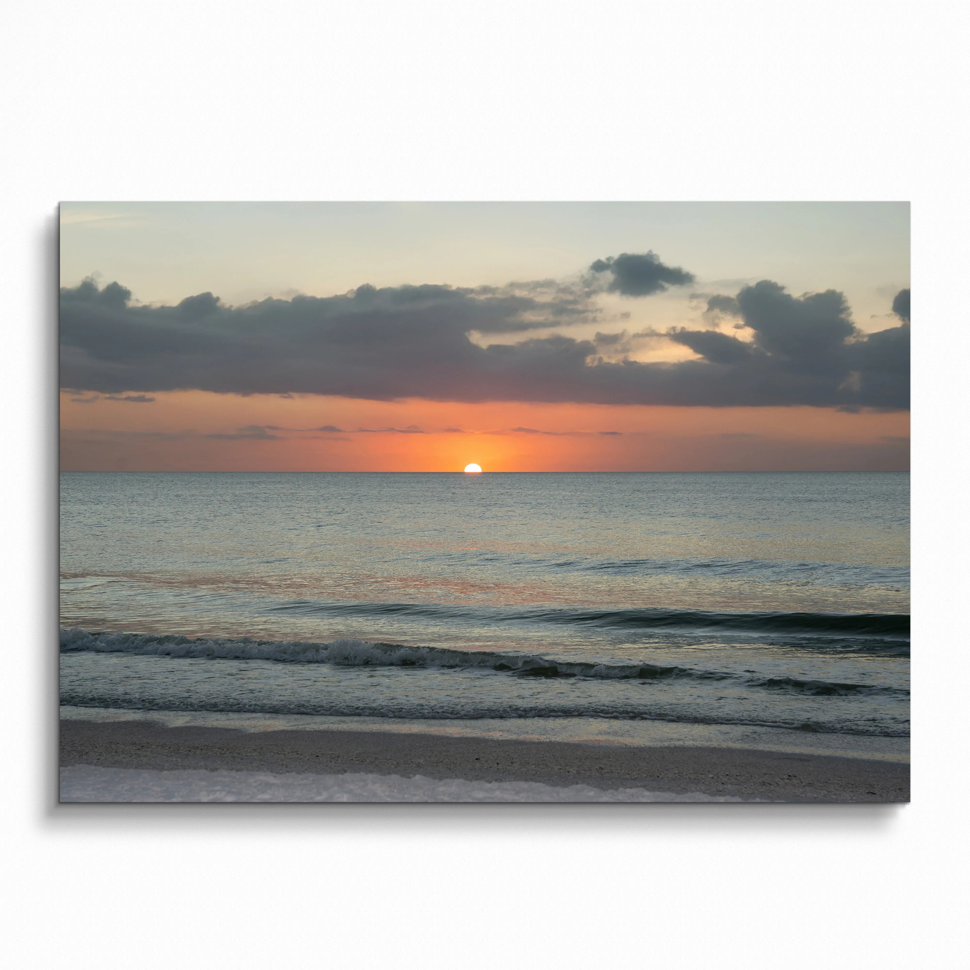 Beach sunset over calm ocean waves poster with soft orange and blue tones wall art.