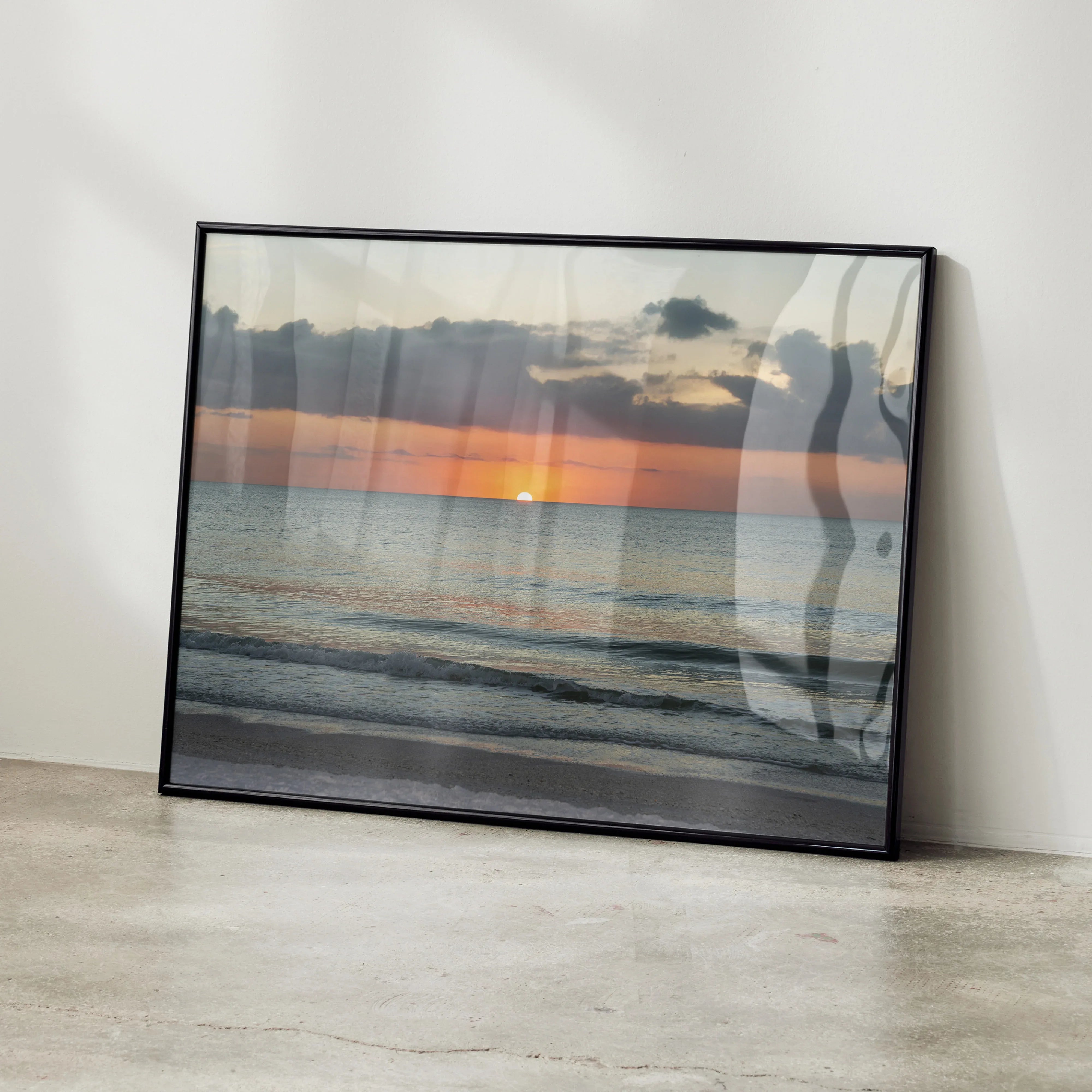 Beach sunset poster with ocean waves and colorful sky, framed wall art for nature decor.