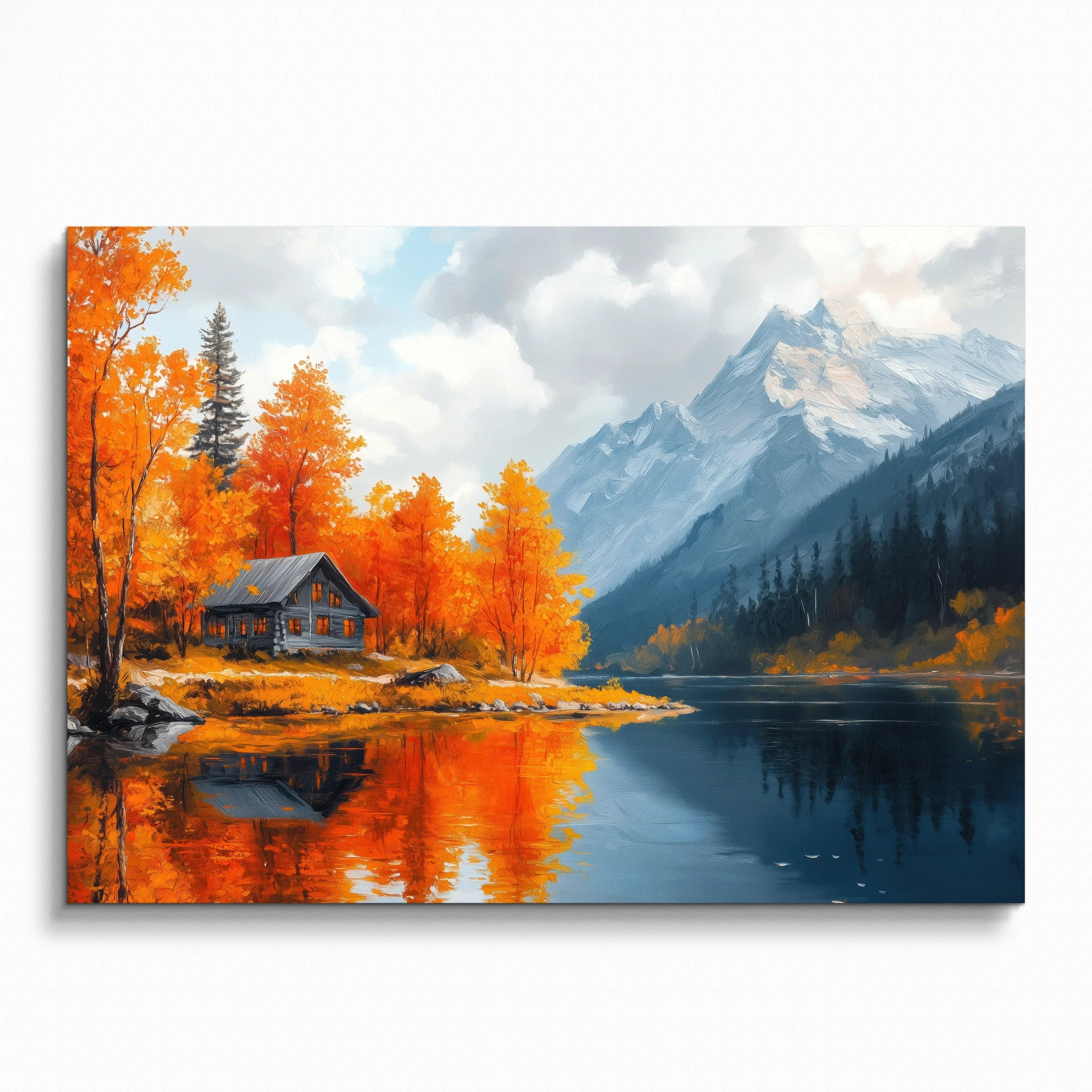 Vibrant autumn wall art poster featuring orange trees, cabin, and mountain reflection in lake.