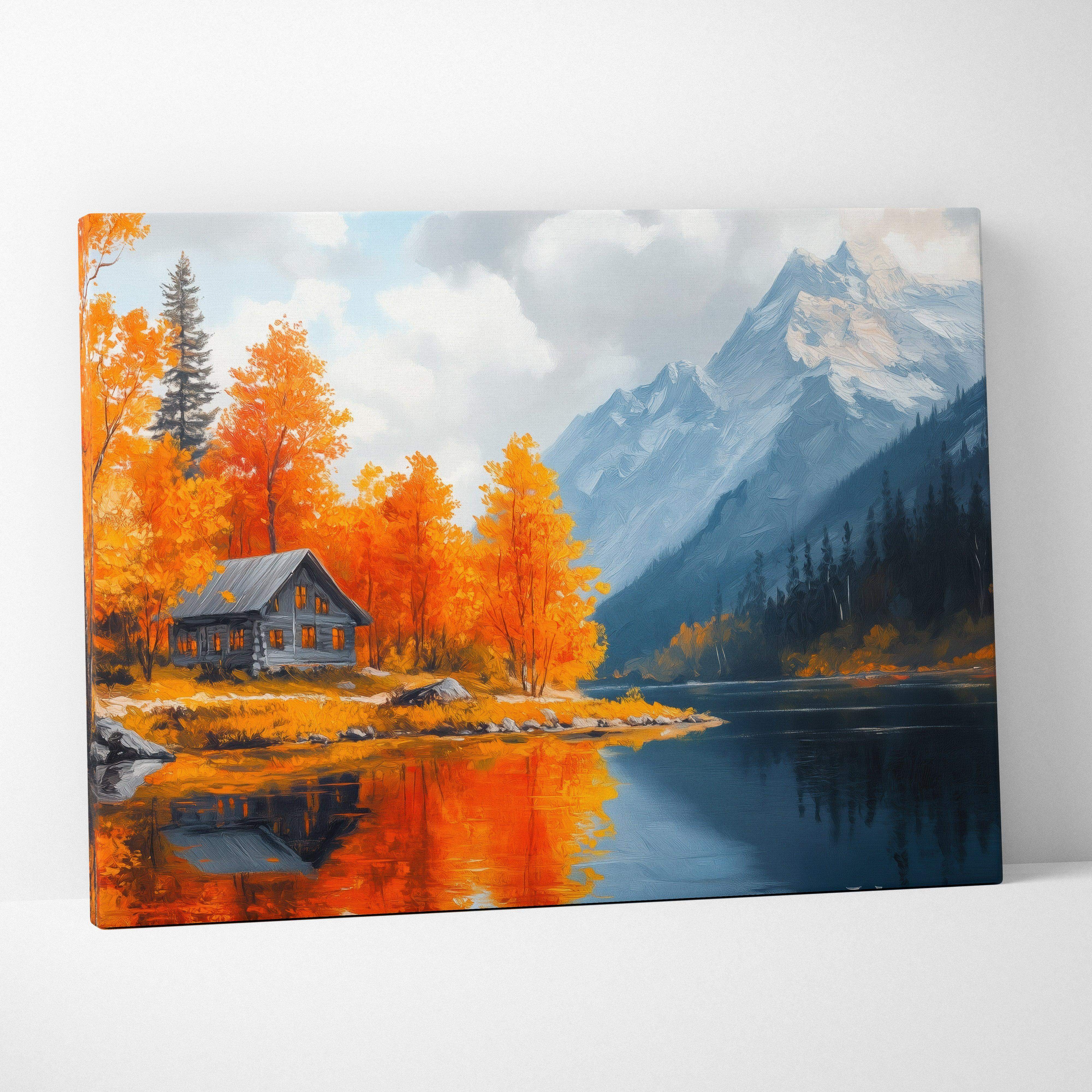 Rectangular canvas wall art of a rustic cabin by a calm lake with vibrant orange autumn trees and snow-capped mountains