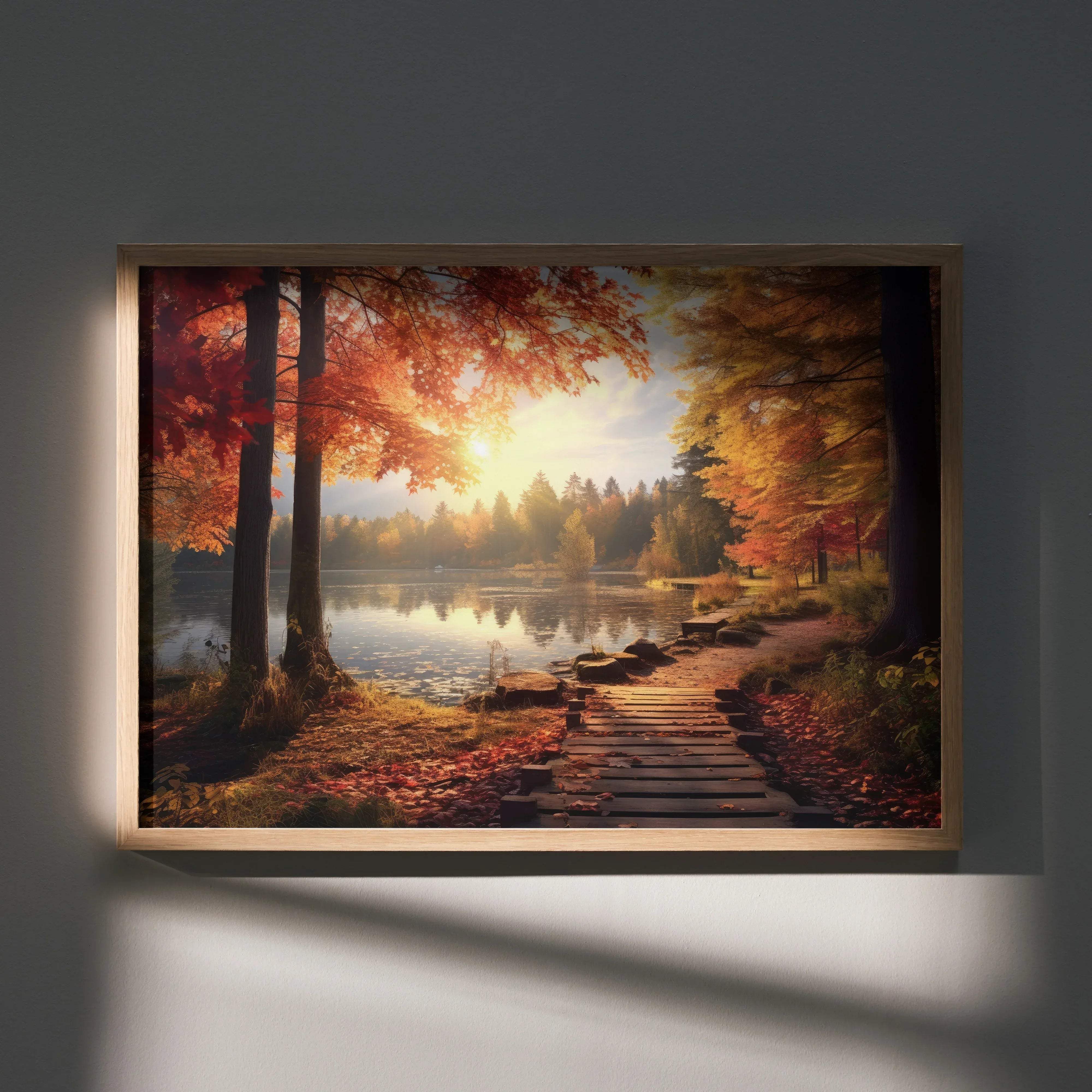 A framed stunning autumn forest digital art wall poster with a wooden frame showing a sunlit path through red and orange trees